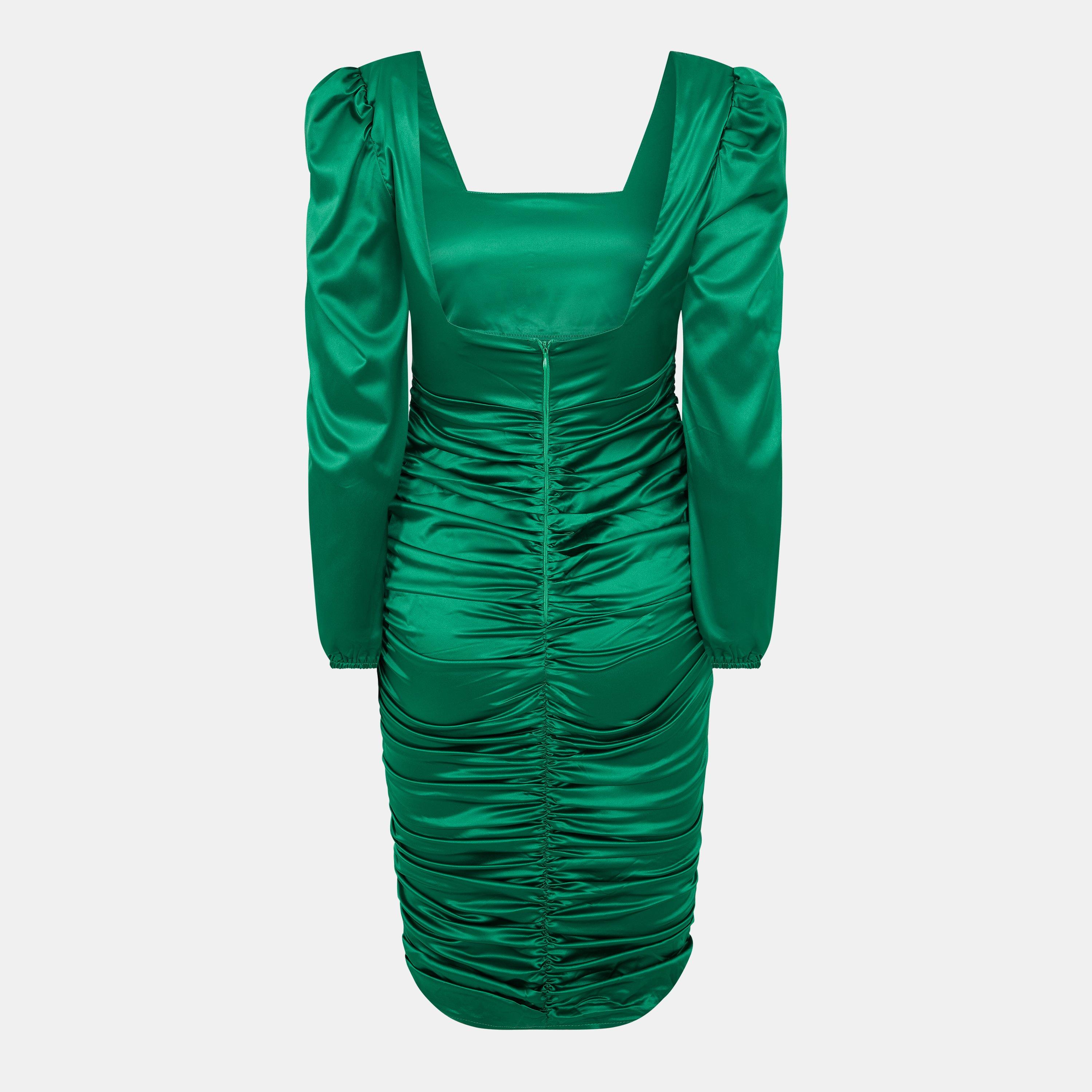 Green - AX Paris - Satin Square Neck Ruched Dress - 2