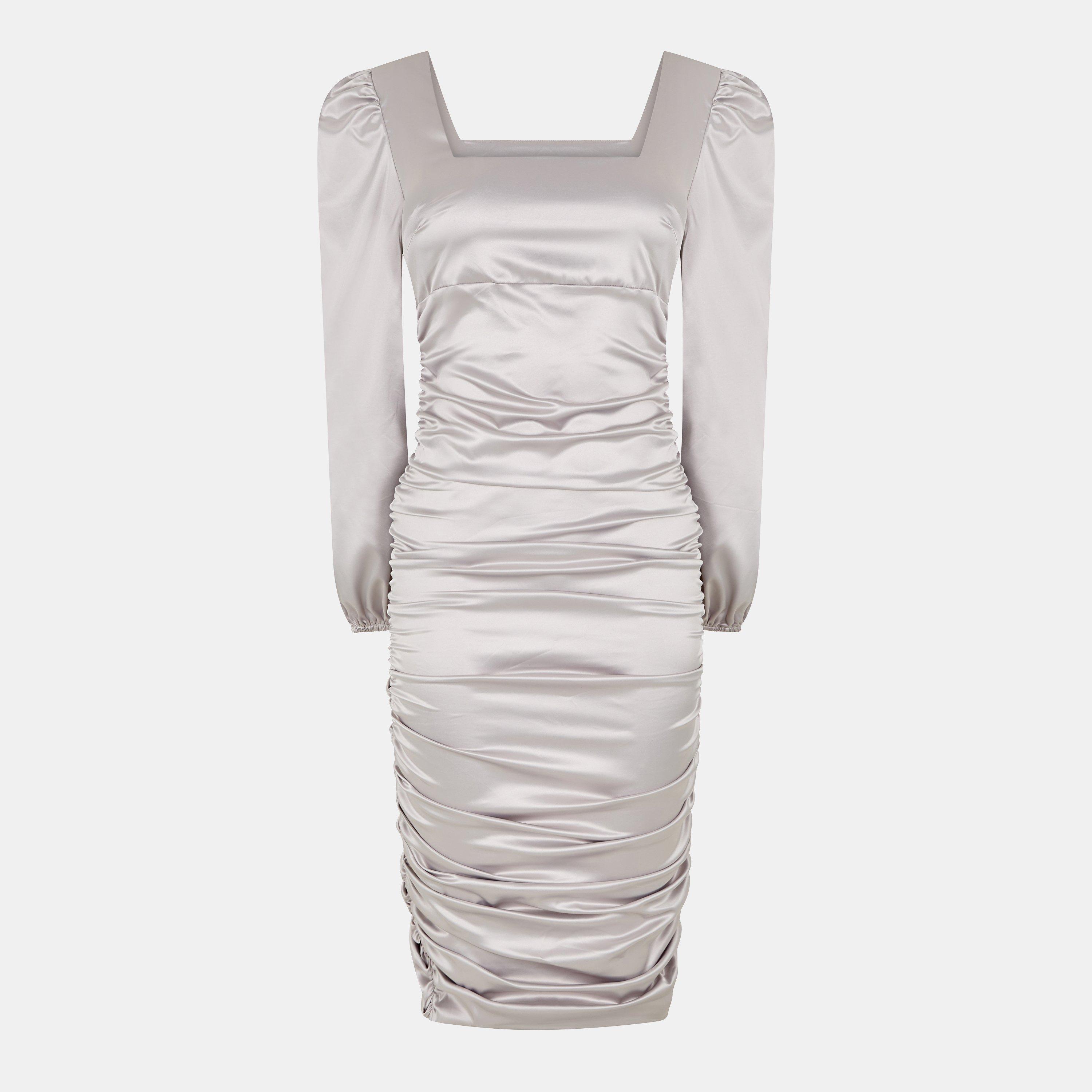 Cream - AX Paris - Satin Square Neck Ruched Dress - 1