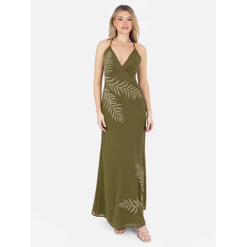 Olive - Maya Deluxe - Maya Olive Palm Leaf Embellished Strappy Cross Back Maxi Dress - 1