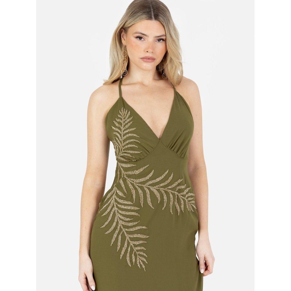Olive - Maya Deluxe - Maya Olive Palm Leaf Embellished Strappy Cross Back Maxi Dress - 3