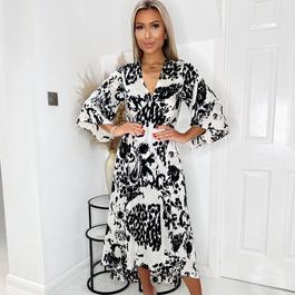 AX Paris Black And Cream Printed V Neck Bell Sleeve Midi Dress