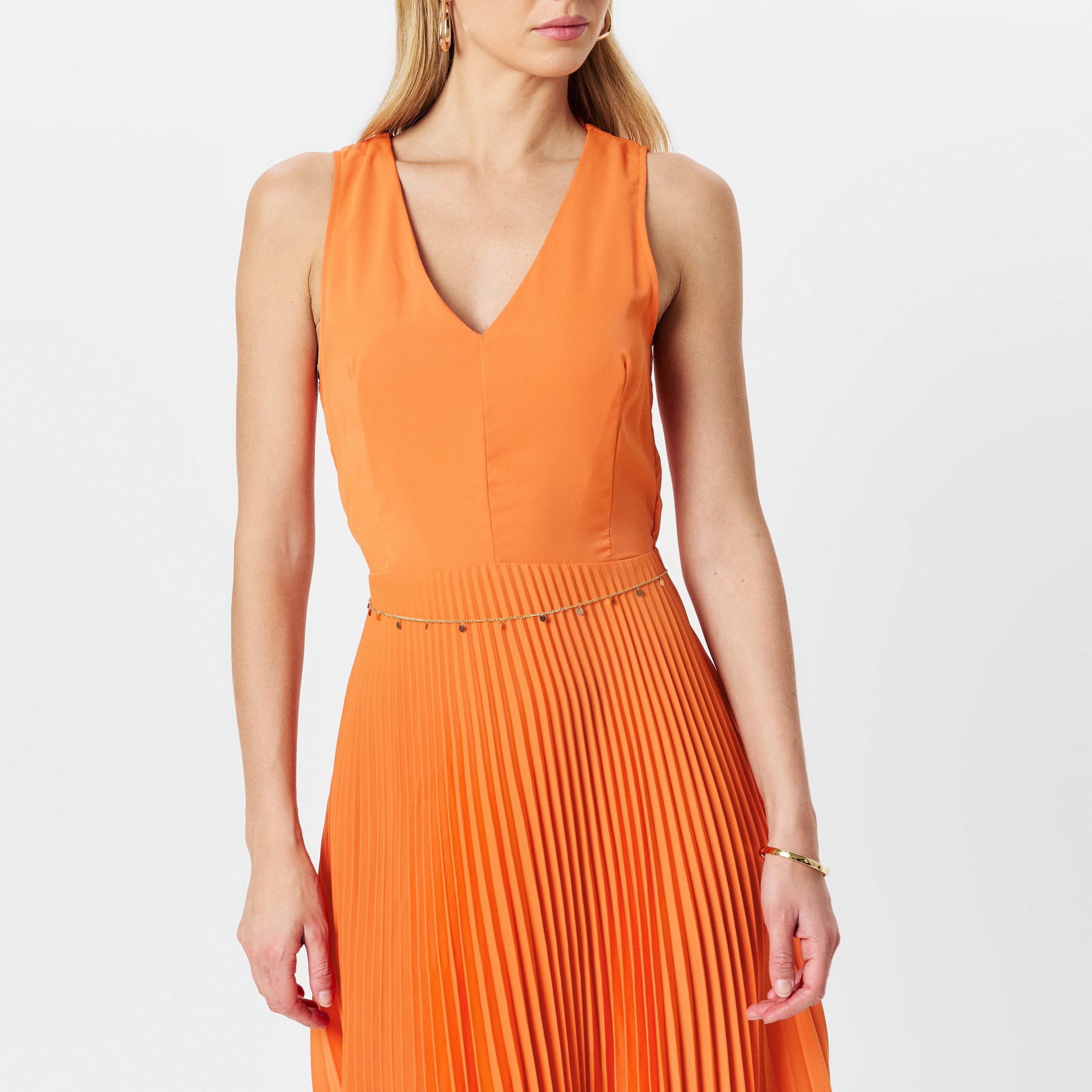 Orange - AX Paris - V Neck Pleated Skirt Belted Waist Midi Dress - 3