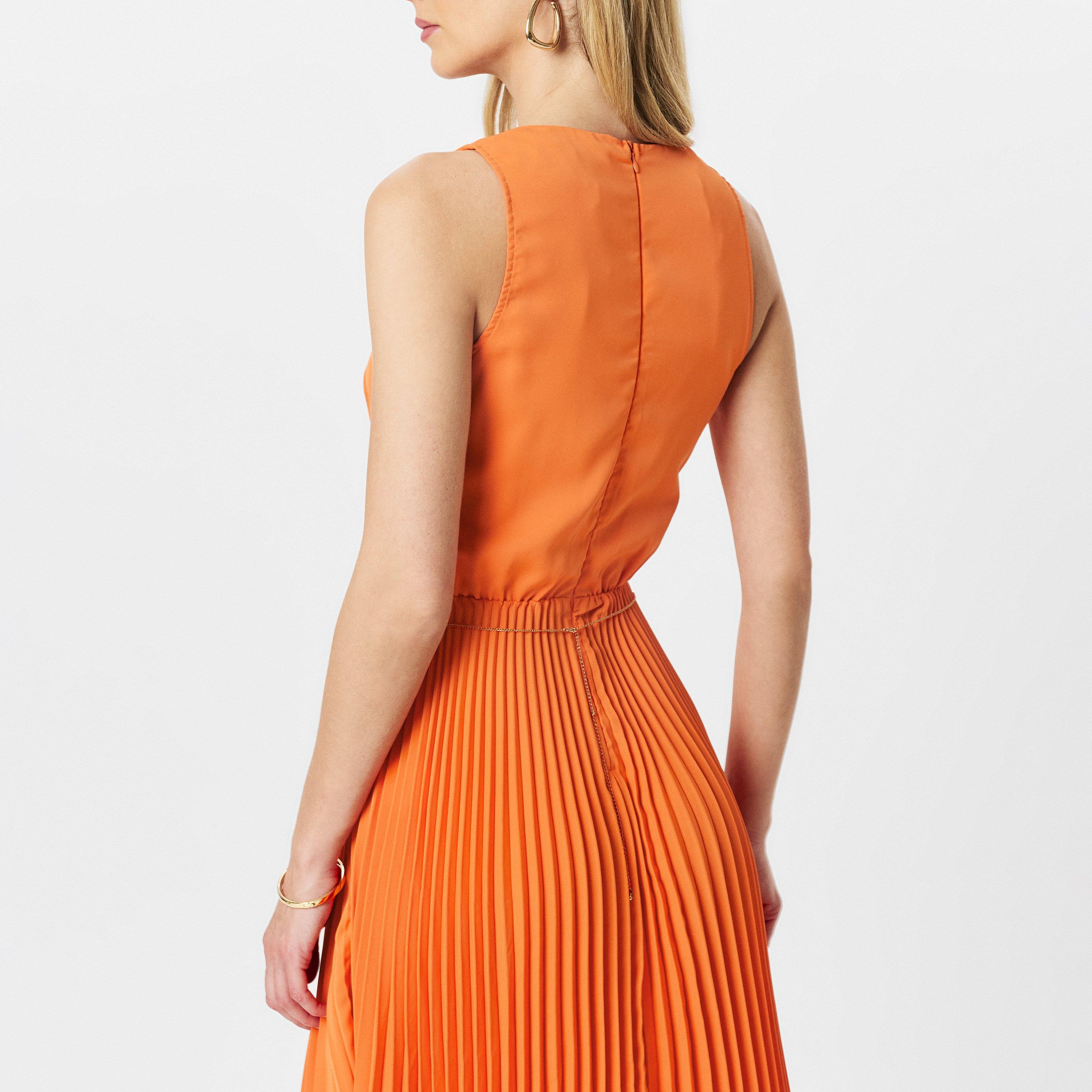 Orange - AX Paris - V Neck Pleated Skirt Belted Waist Midi Dress - 4