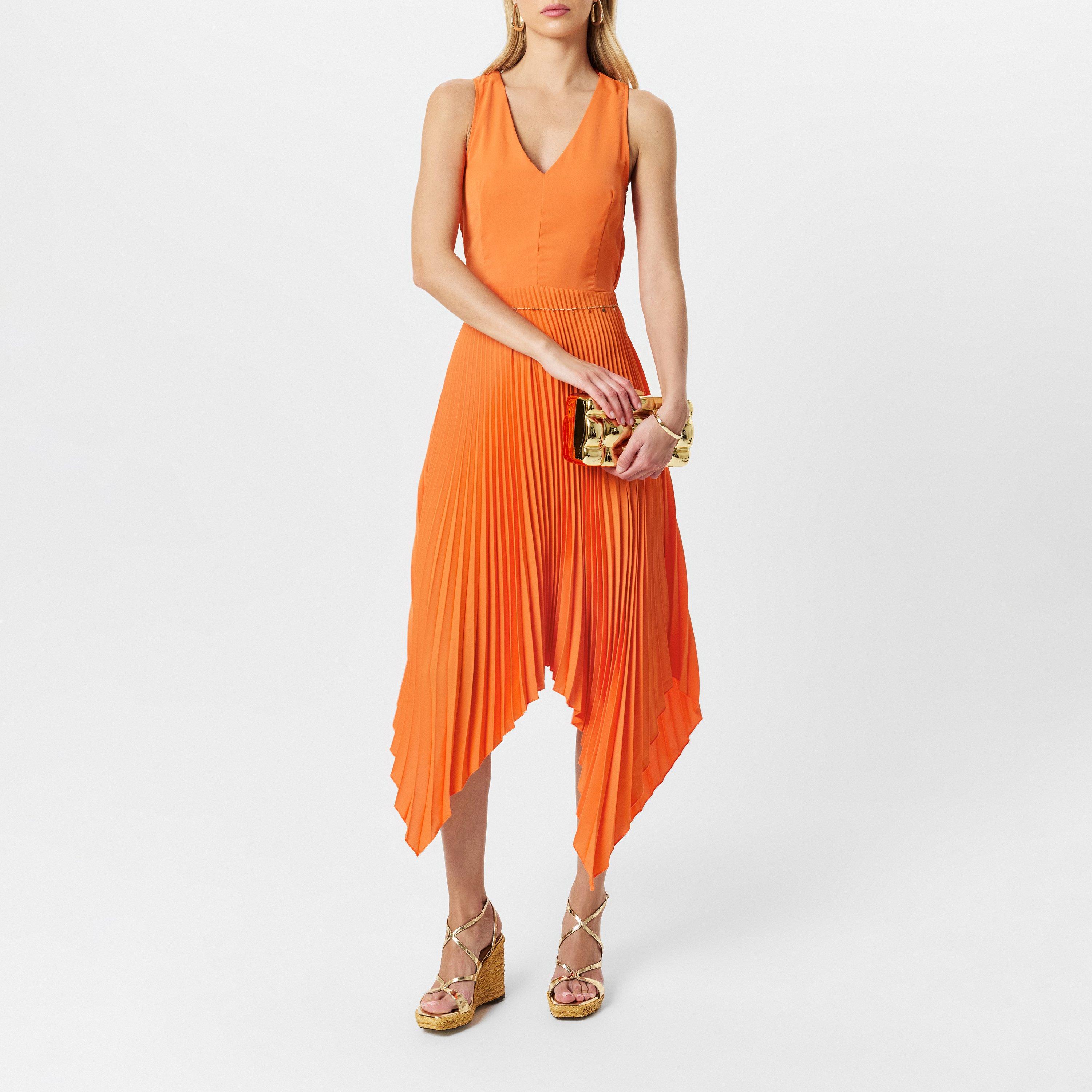 Orange - AX Paris - V Neck Pleated Skirt Belted Waist Midi Dress - 6