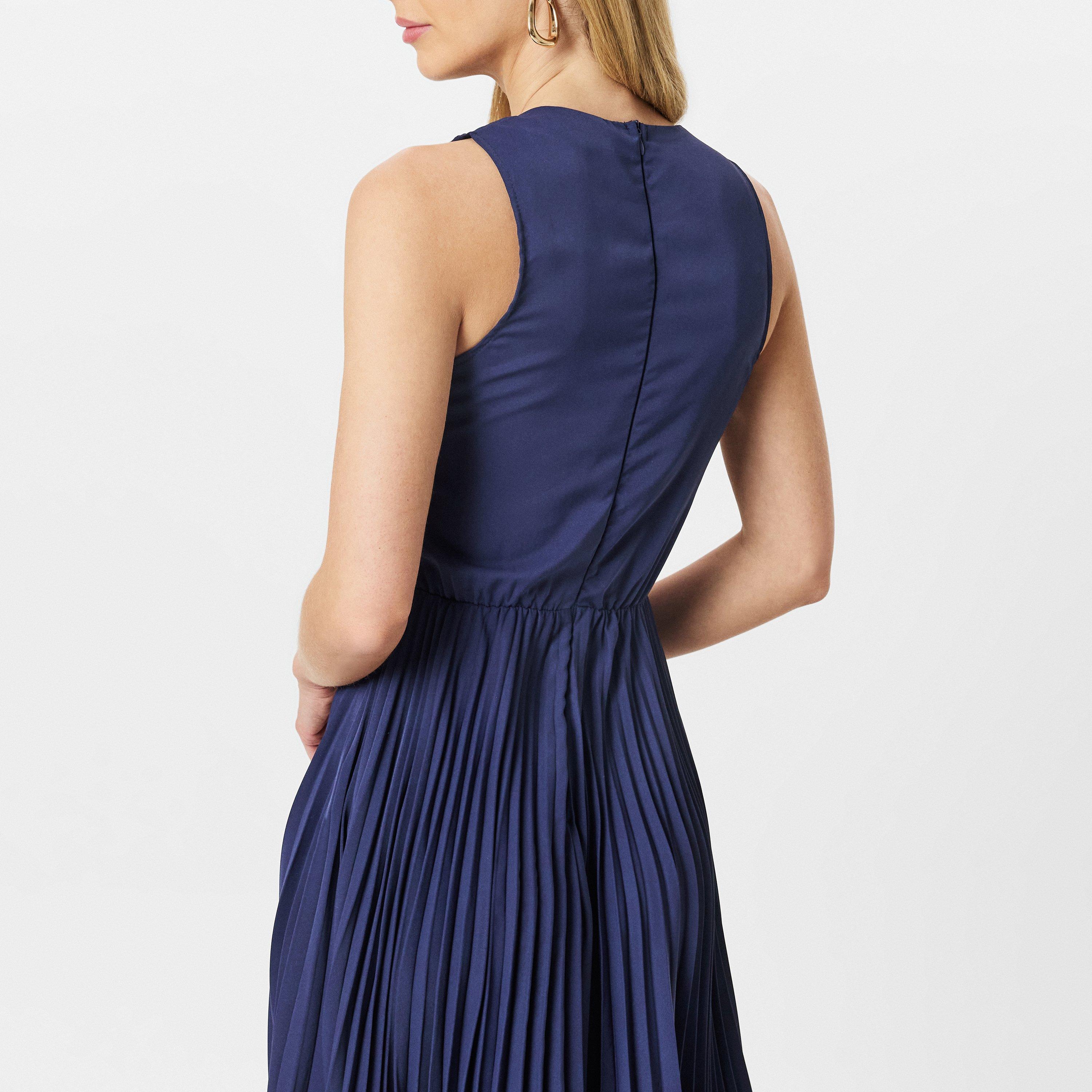 Blue - AX Paris - V Neck Pleated Skirt Belted Waist Midi Dress - 4