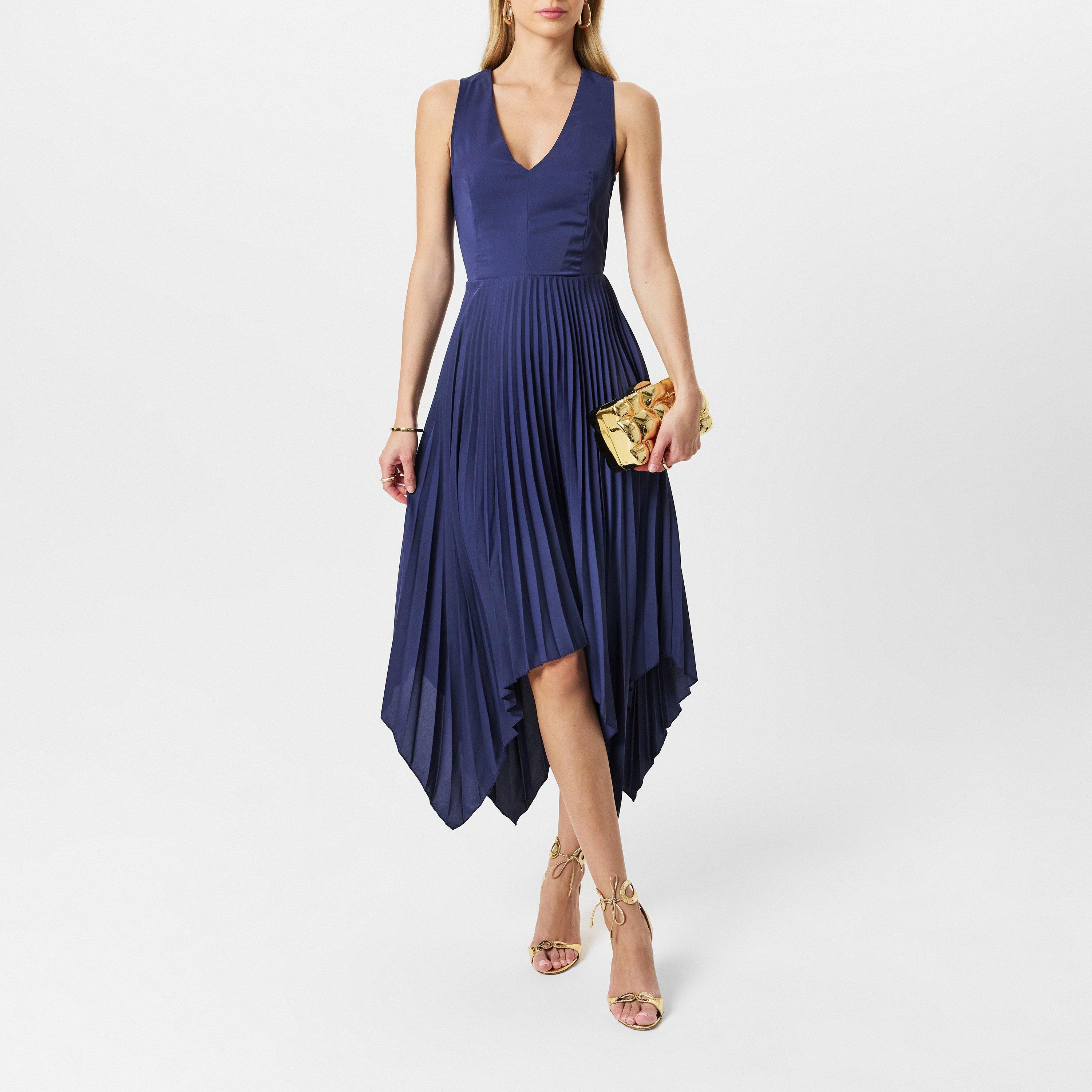 Blue - AX Paris - V Neck Pleated Skirt Belted Waist Midi Dress - 6