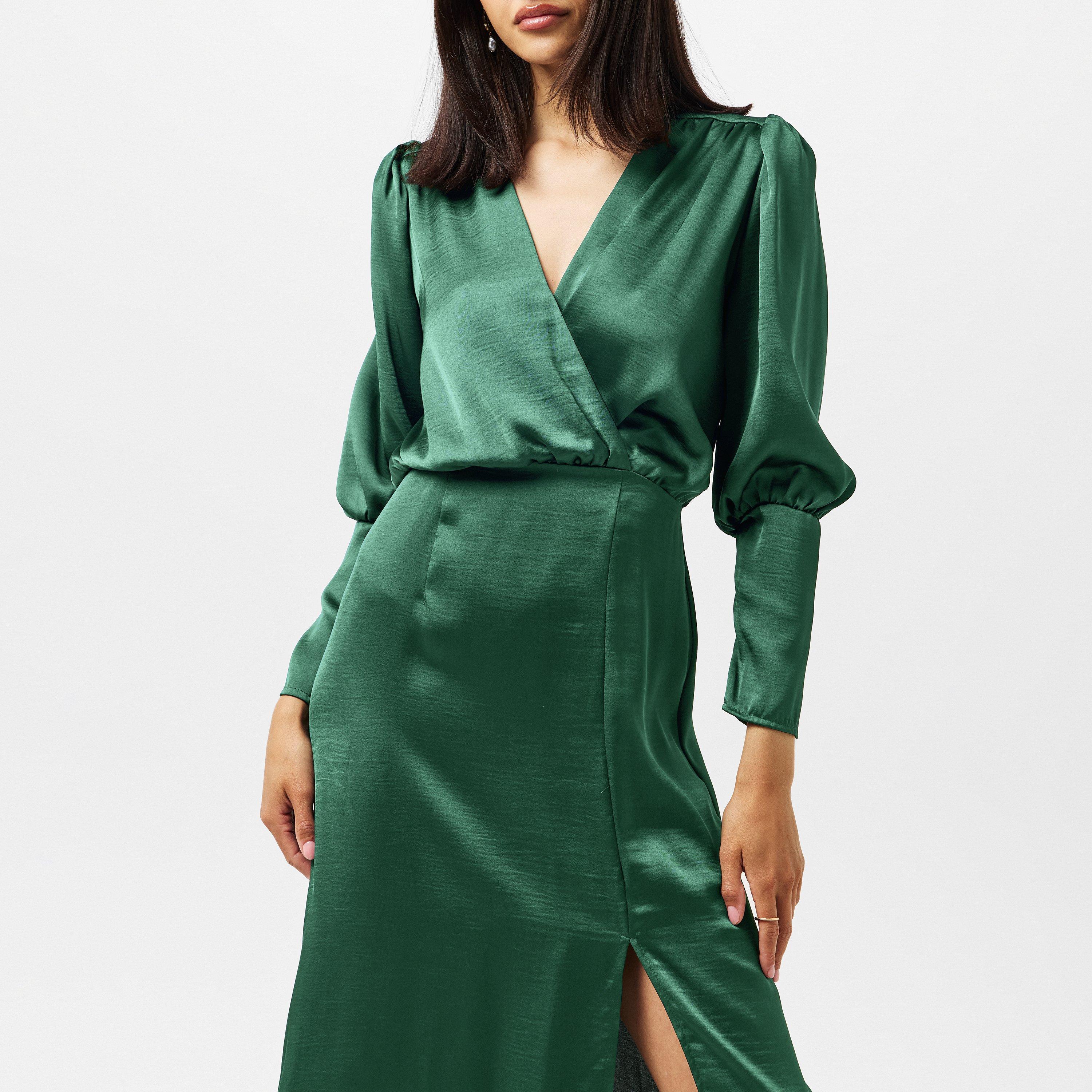 Green - AX Paris - Teal Satin Wrap Top Long Sleeve Midi Dress - 2