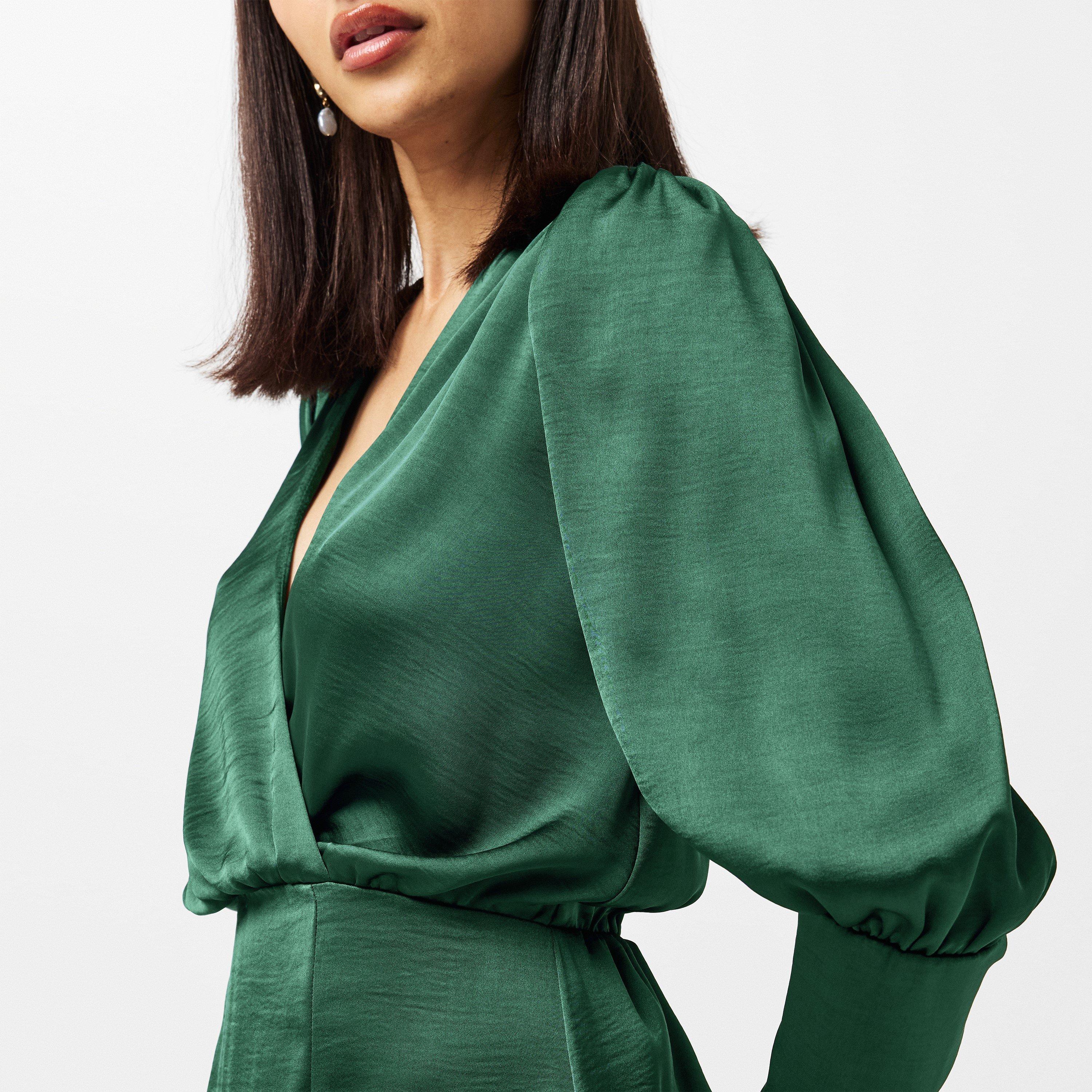 Green - AX Paris - Teal Satin Wrap Top Long Sleeve Midi Dress - 4