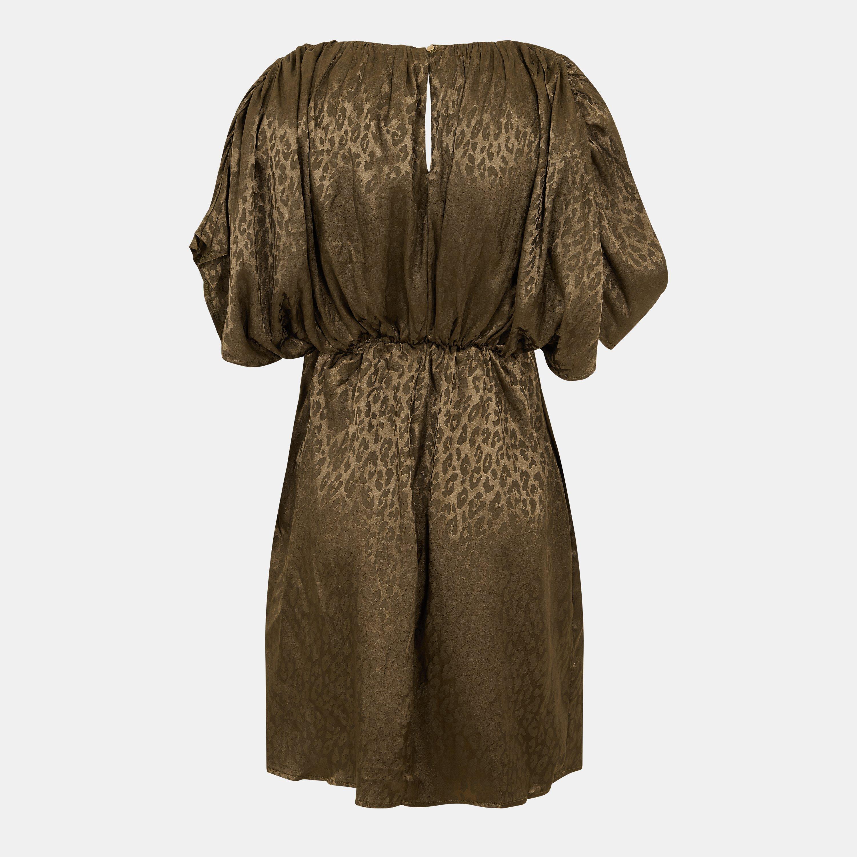 Green - AX Paris - Olive Animal Print Batwing Gathered Top Mini Dress - 2