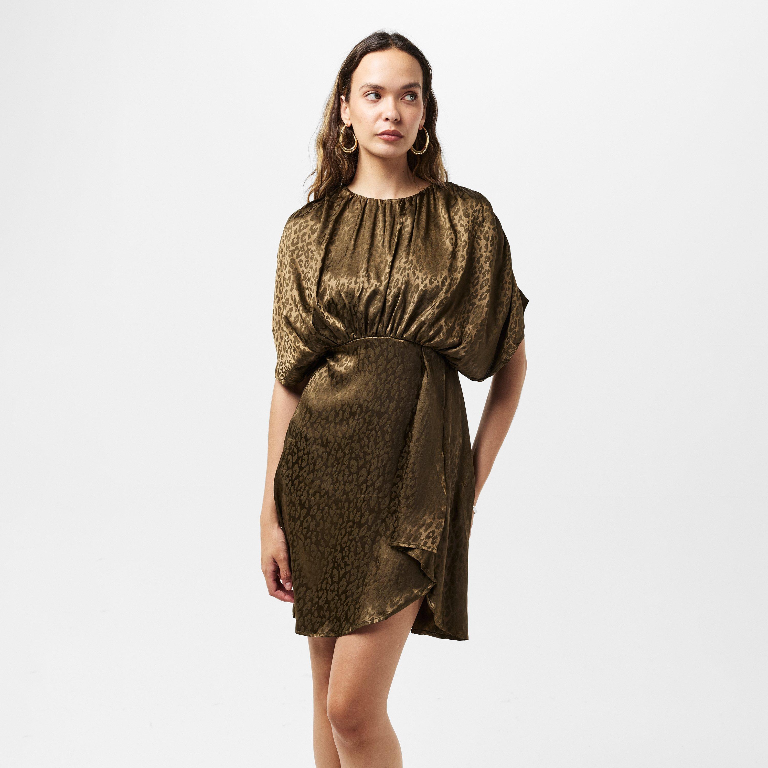 Green - AX Paris - Olive Animal Print Batwing Gathered Top Mini Dress - 3