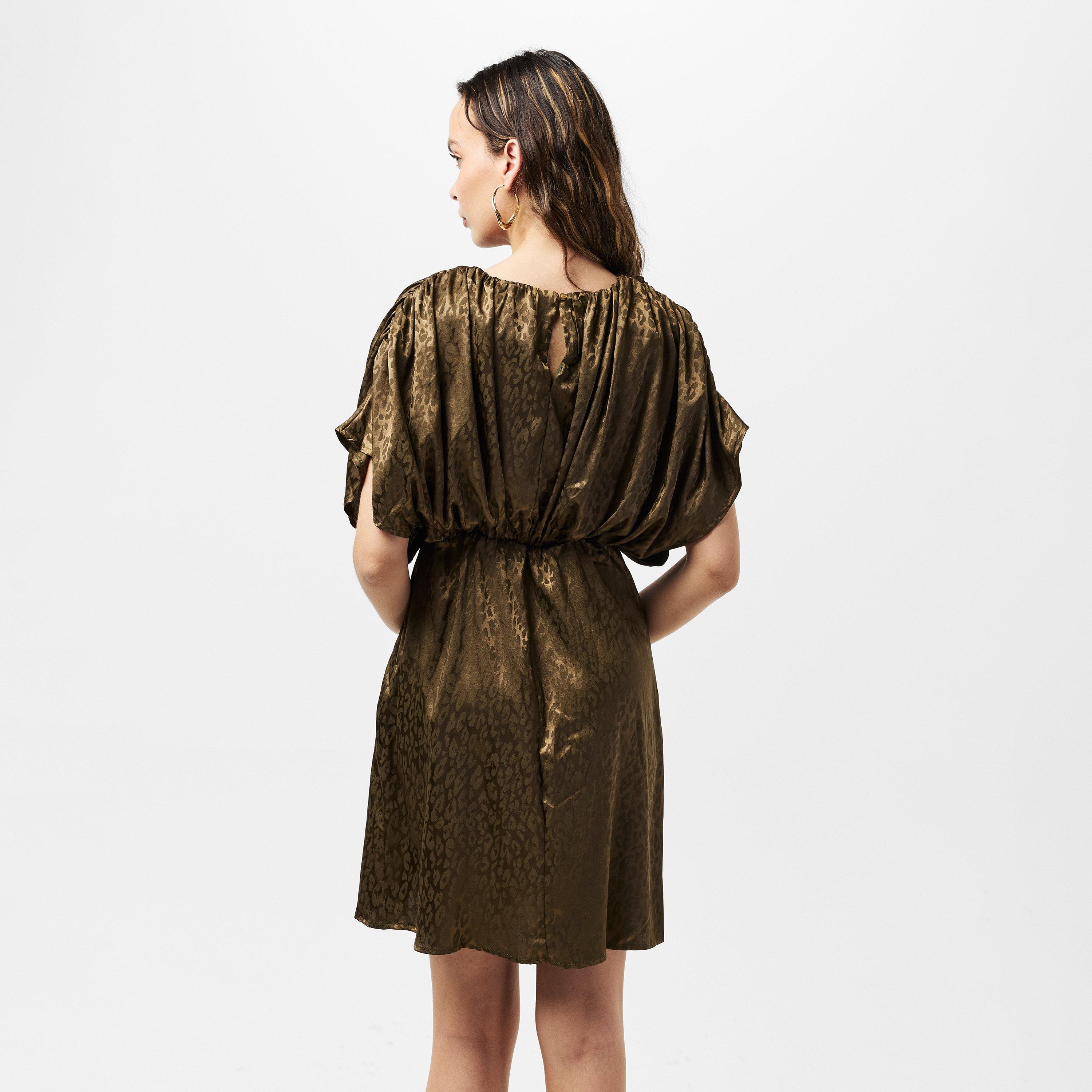 Green - AX Paris - Olive Animal Print Batwing Gathered Top Mini Dress - 4