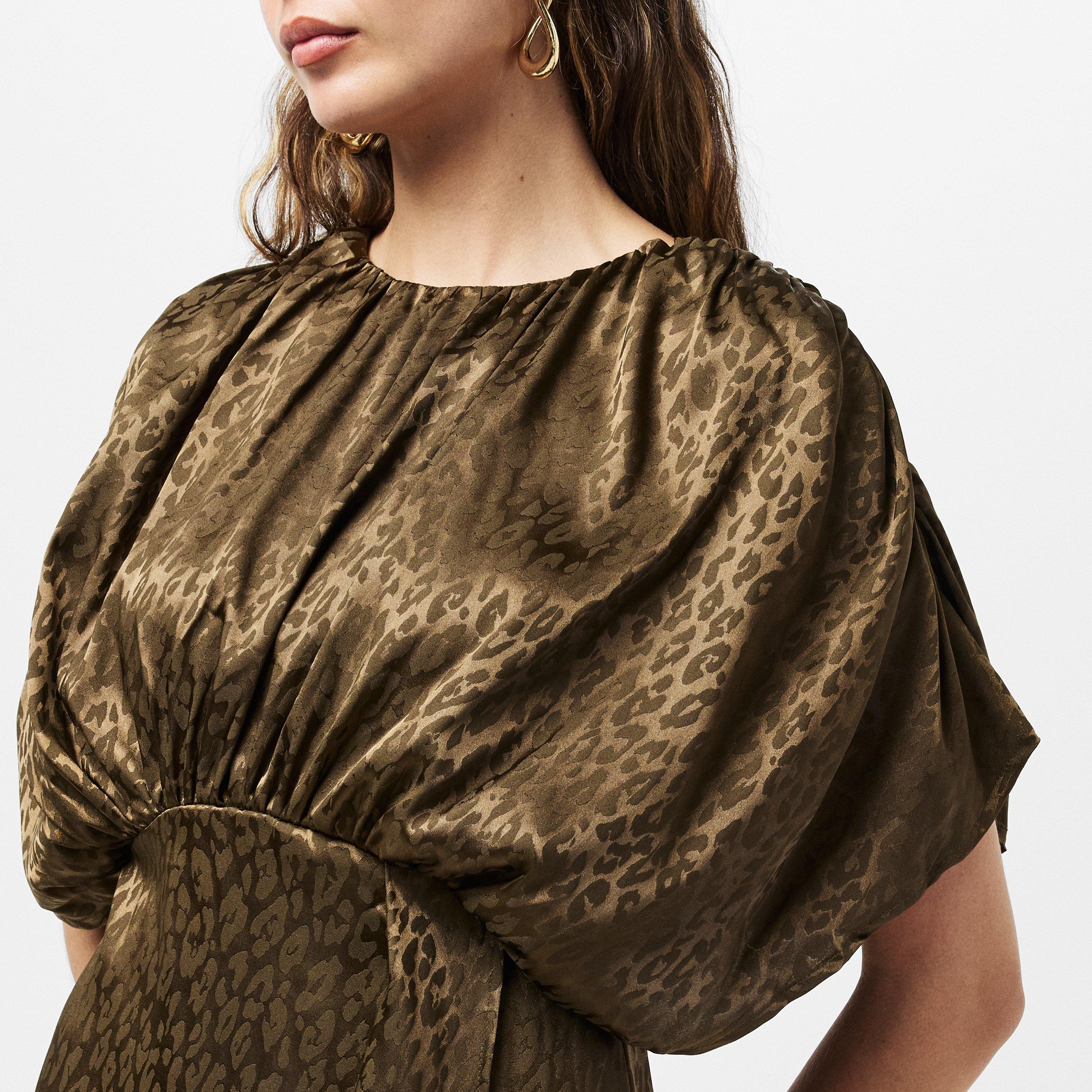 Green - AX Paris - Olive Animal Print Batwing Gathered Top Mini Dress - 5