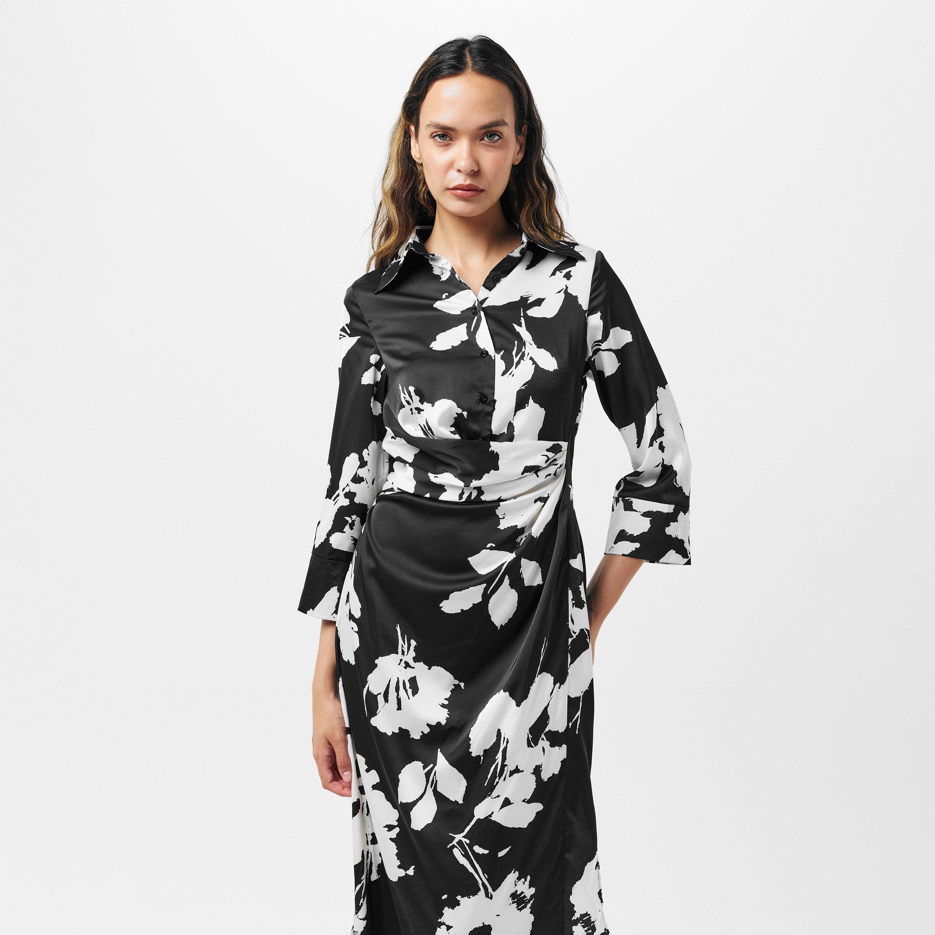 Black - AX Paris - Black And White Print Draped Shirt Midi Dress - 3