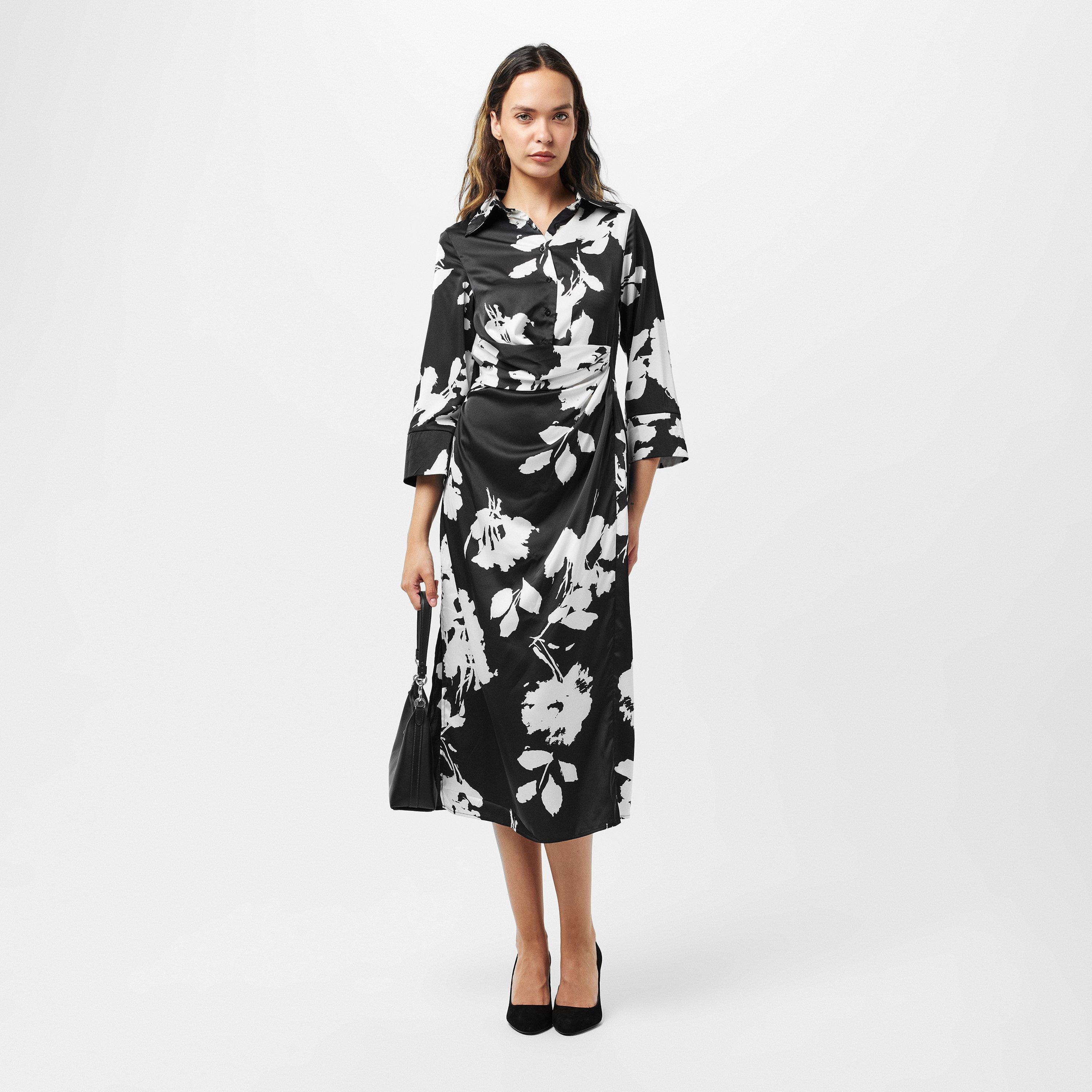 Black - AX Paris - Black And White Print Draped Shirt Midi Dress - 6