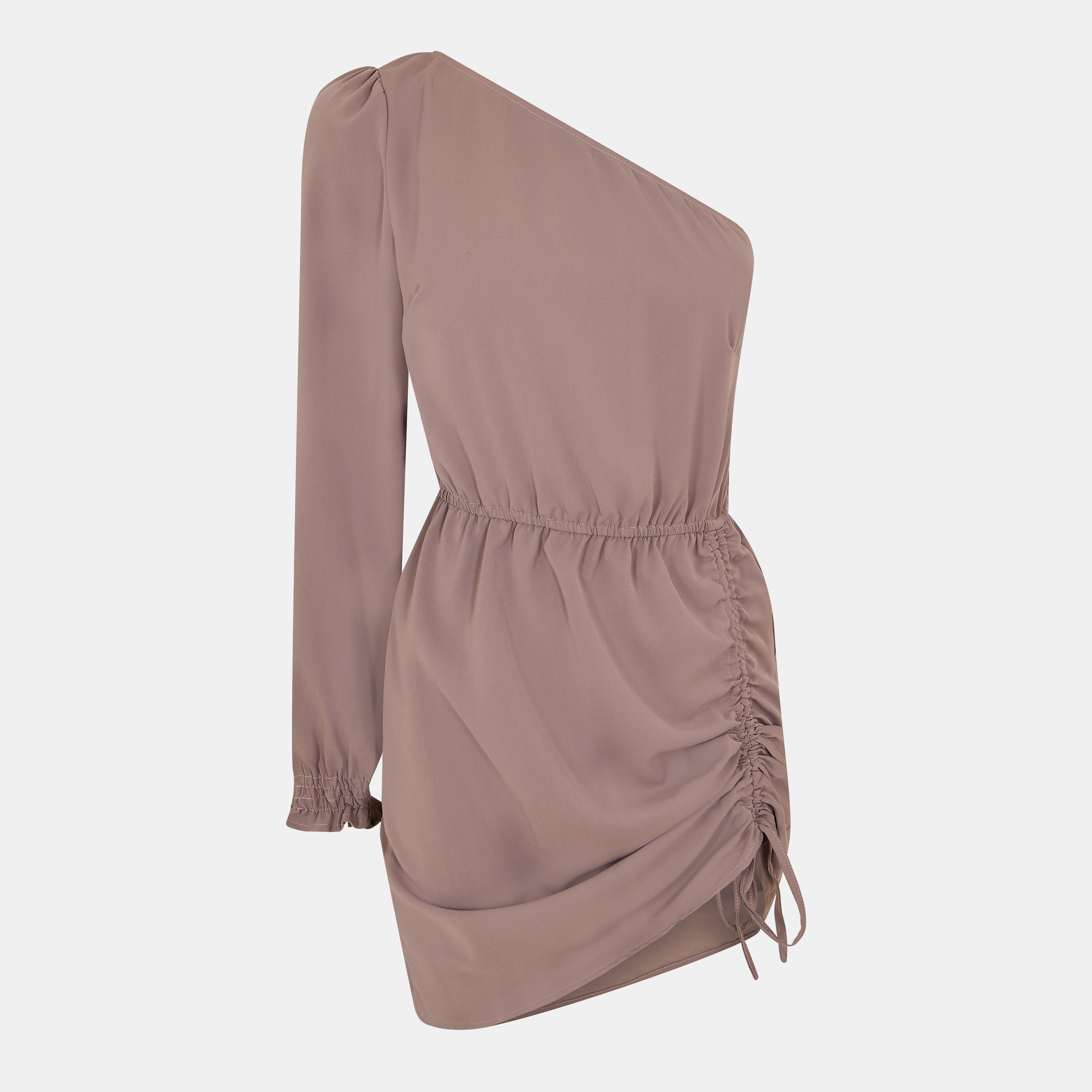 Grey - AX Paris - Mushroom One Sleeve Ruched Side Mini Dress - 1