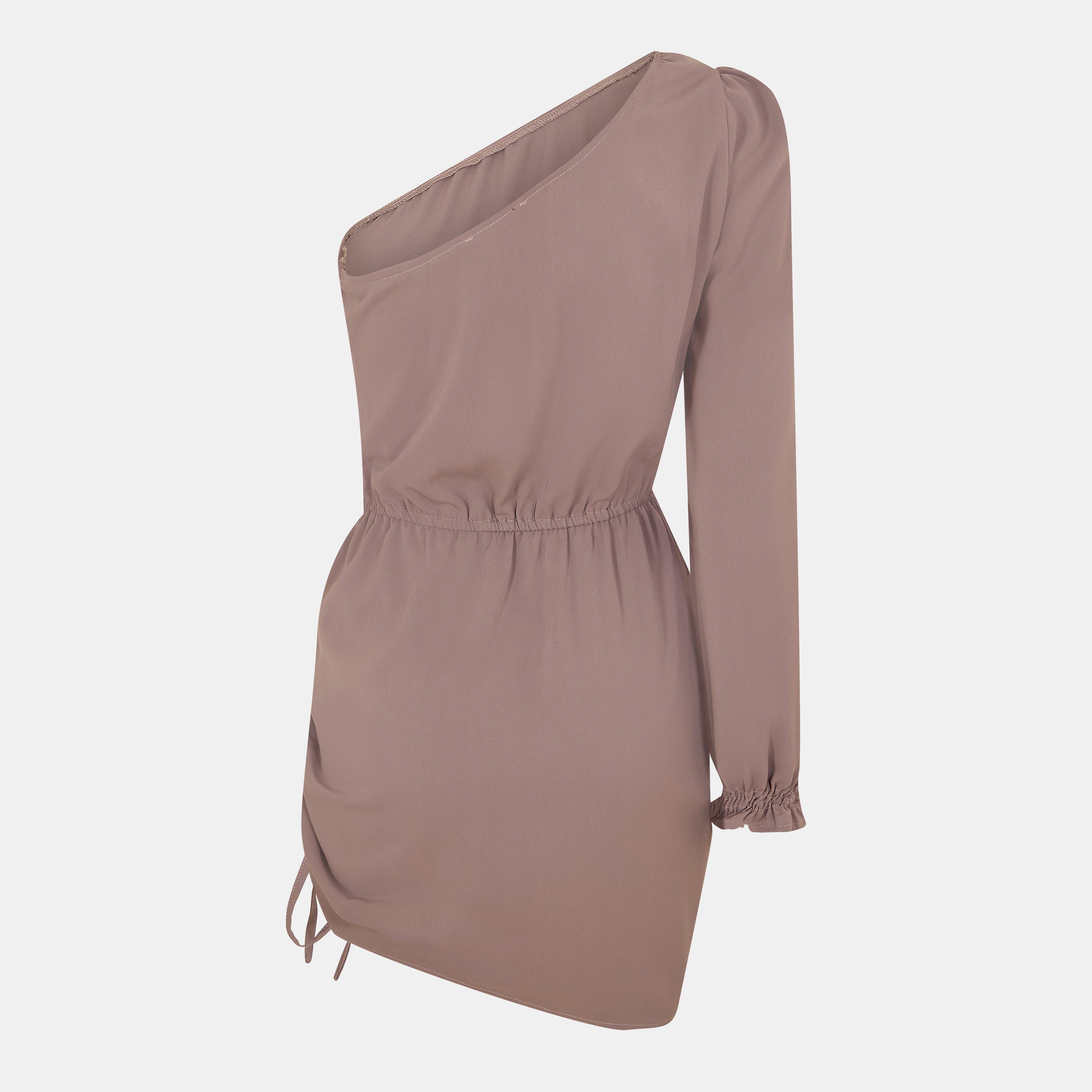 Grey - AX Paris - Mushroom One Sleeve Ruched Side Mini Dress - 2