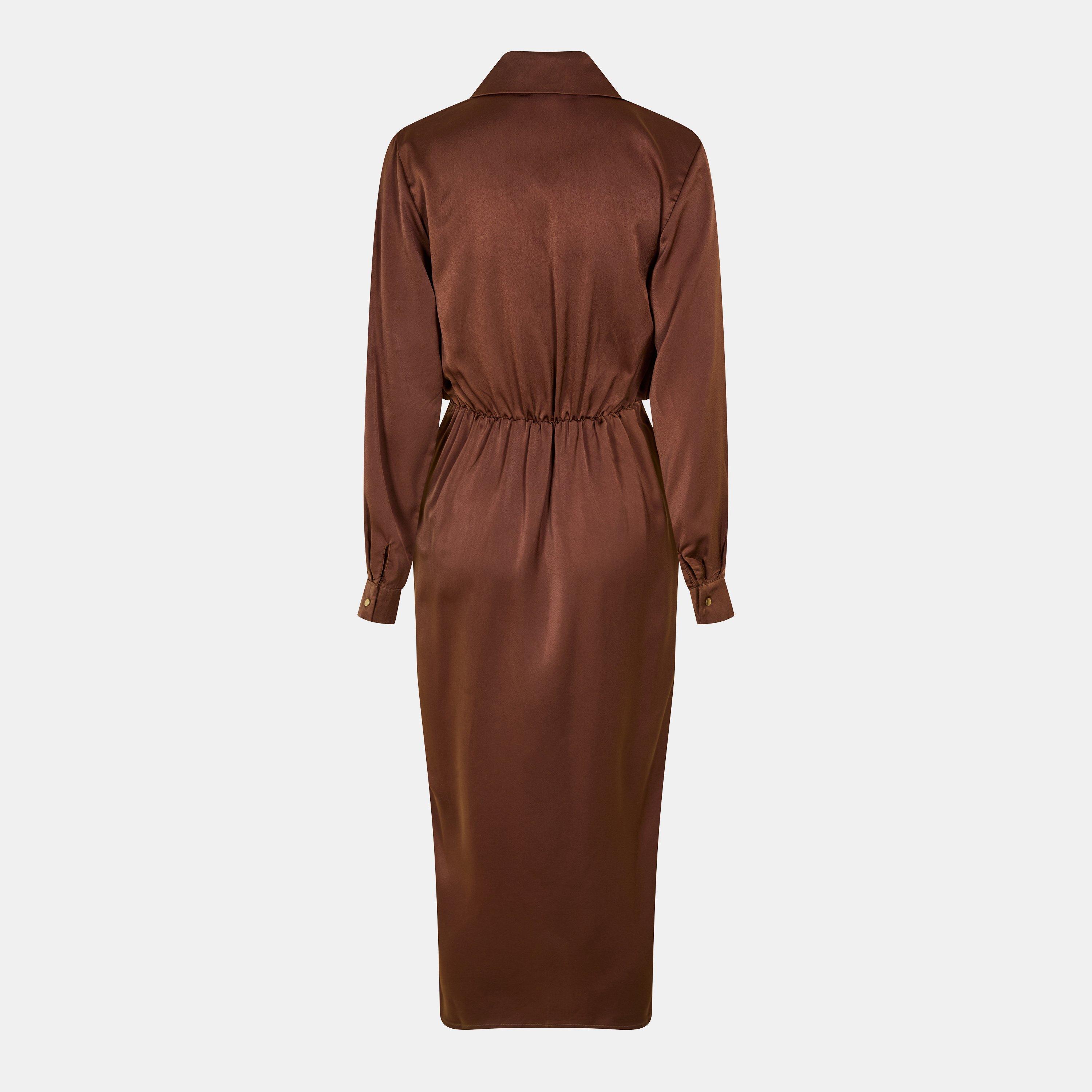 Brown - AX Paris - Chocolate Satin Wrap Shirt Midi Dress - 2