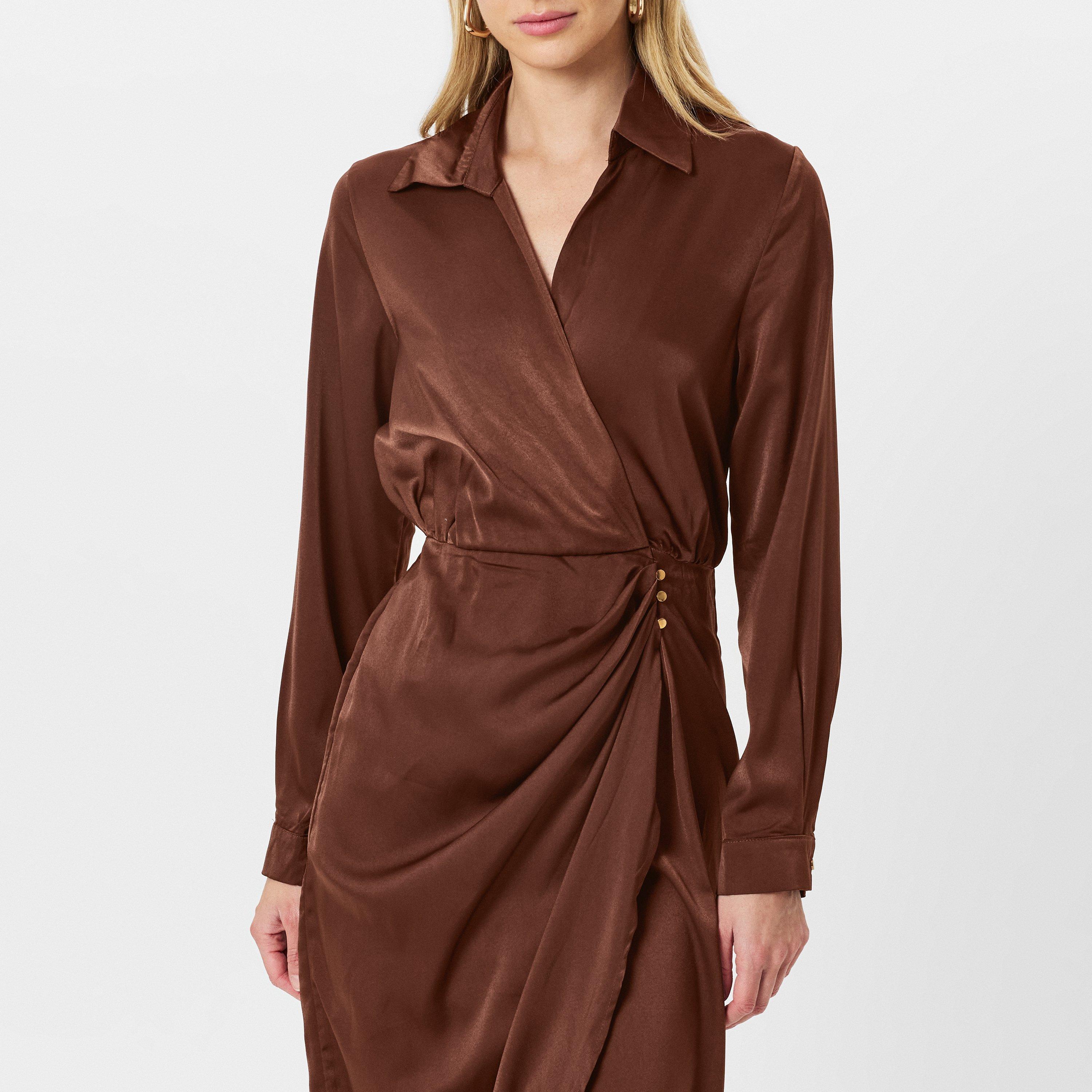 Brown - AX Paris - Chocolate Satin Wrap Shirt Midi Dress - 3