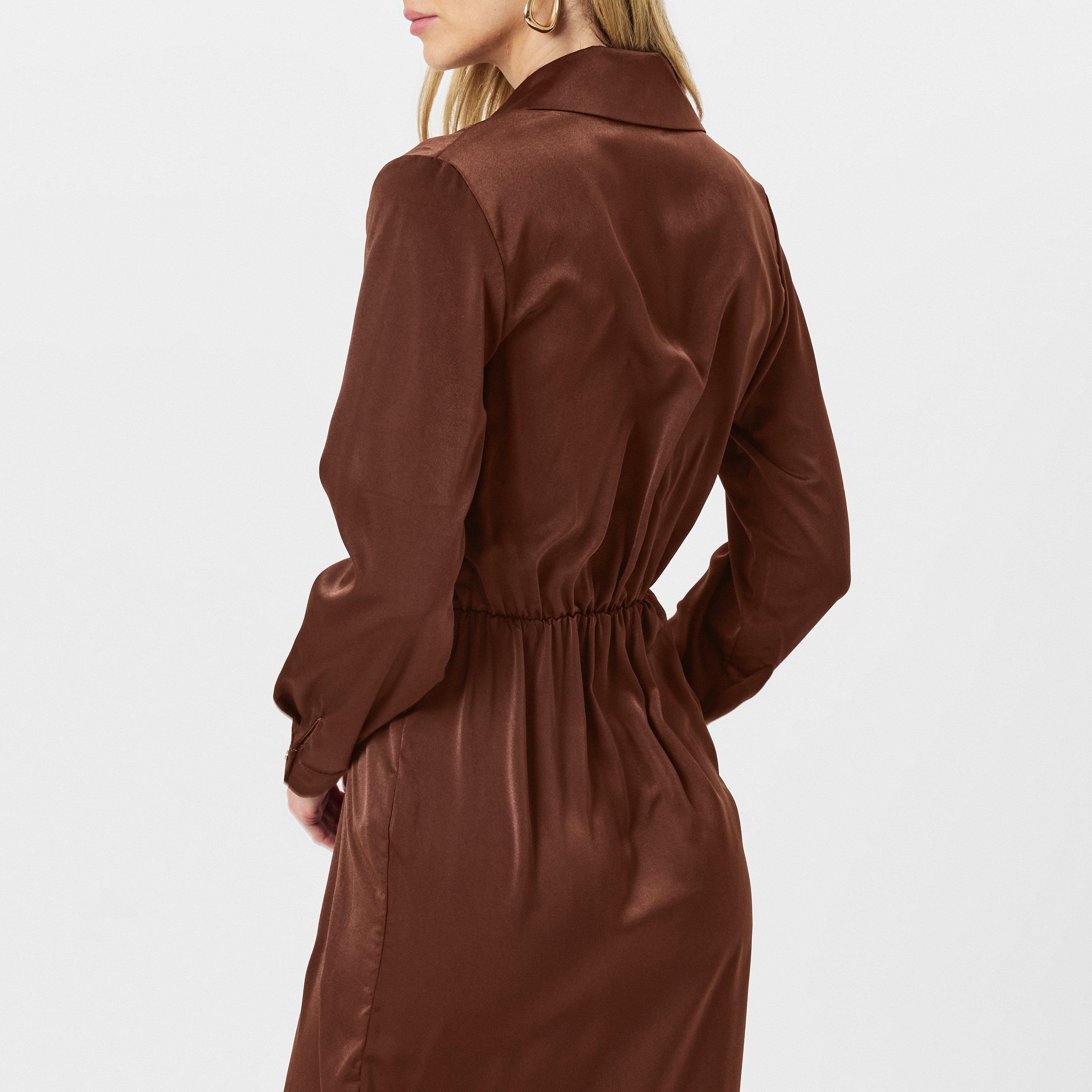 Brown - AX Paris - Chocolate Satin Wrap Shirt Midi Dress - 4