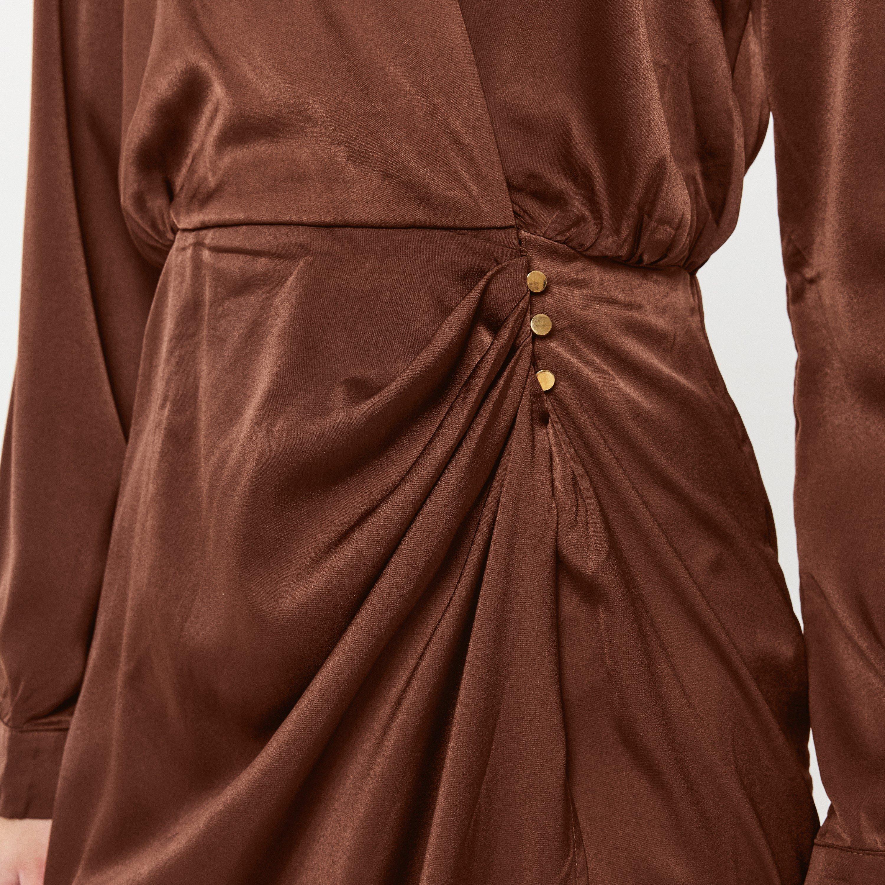 Brown - AX Paris - Chocolate Satin Wrap Shirt Midi Dress - 5