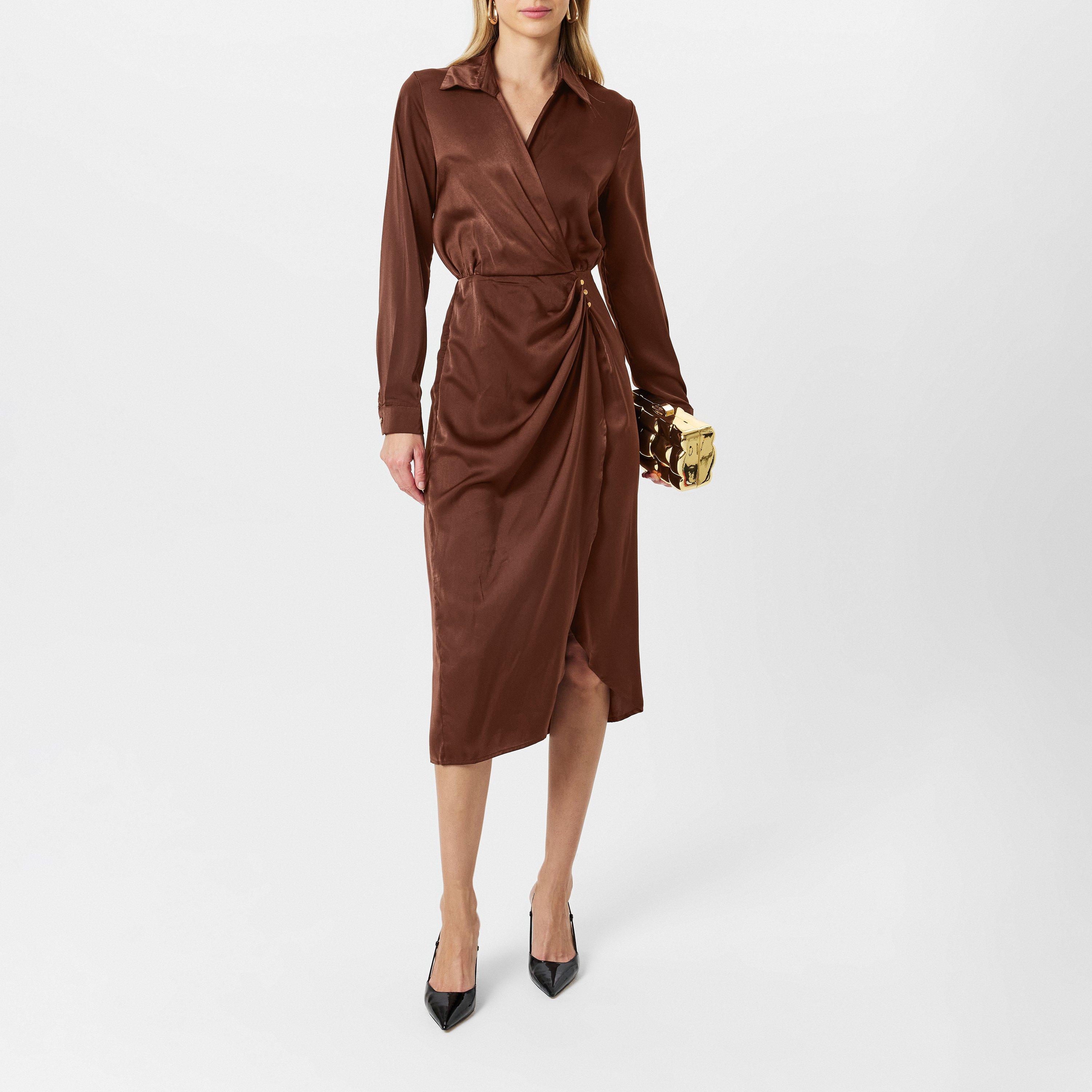 Brown - AX Paris - Chocolate Satin Wrap Shirt Midi Dress - 6