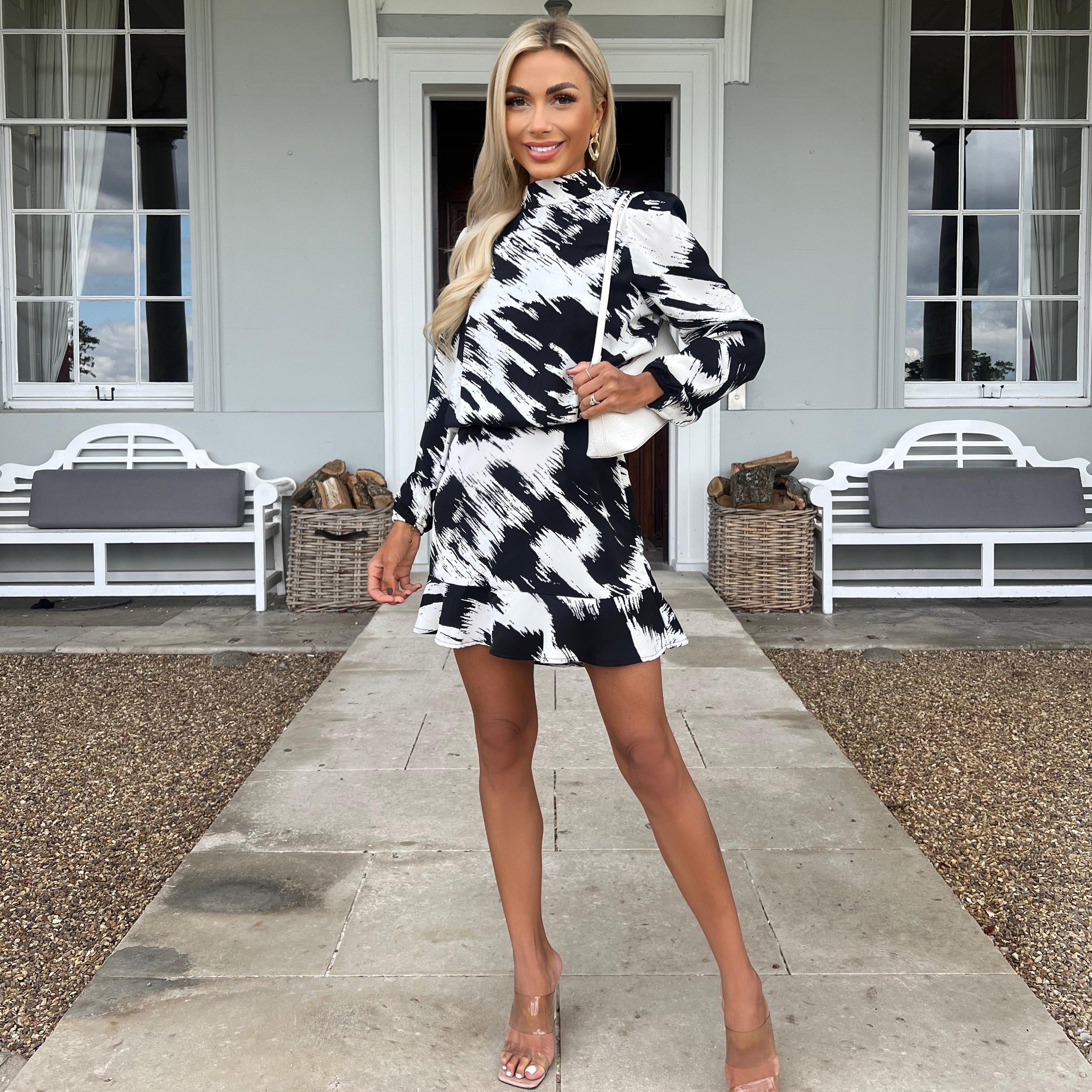 Multi - AX Paris - Black and White High Neck Long Sleeve Skater Dress - 1