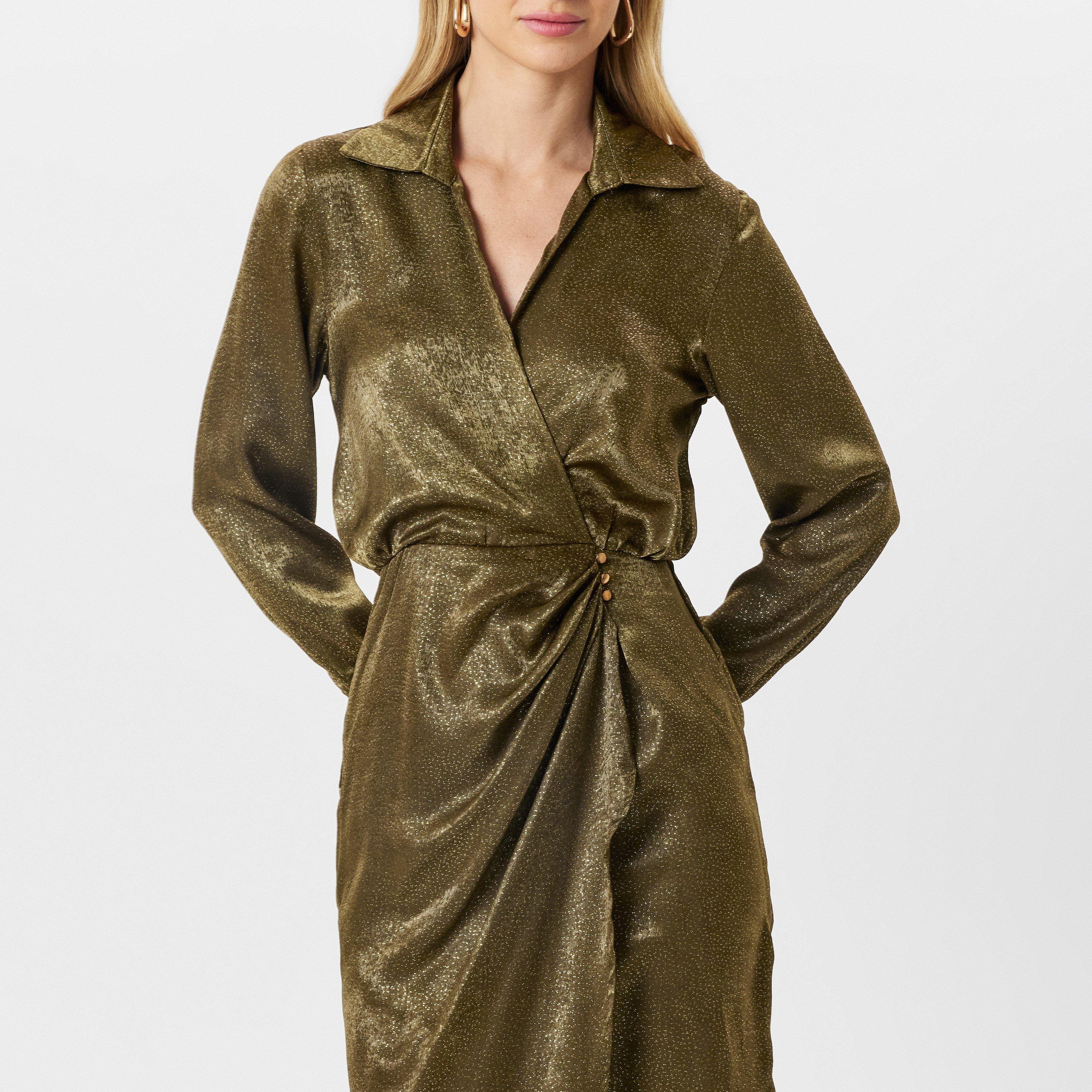 Green - AX Paris - Olive And Gold Wrap Shirt Midi Dress - 3