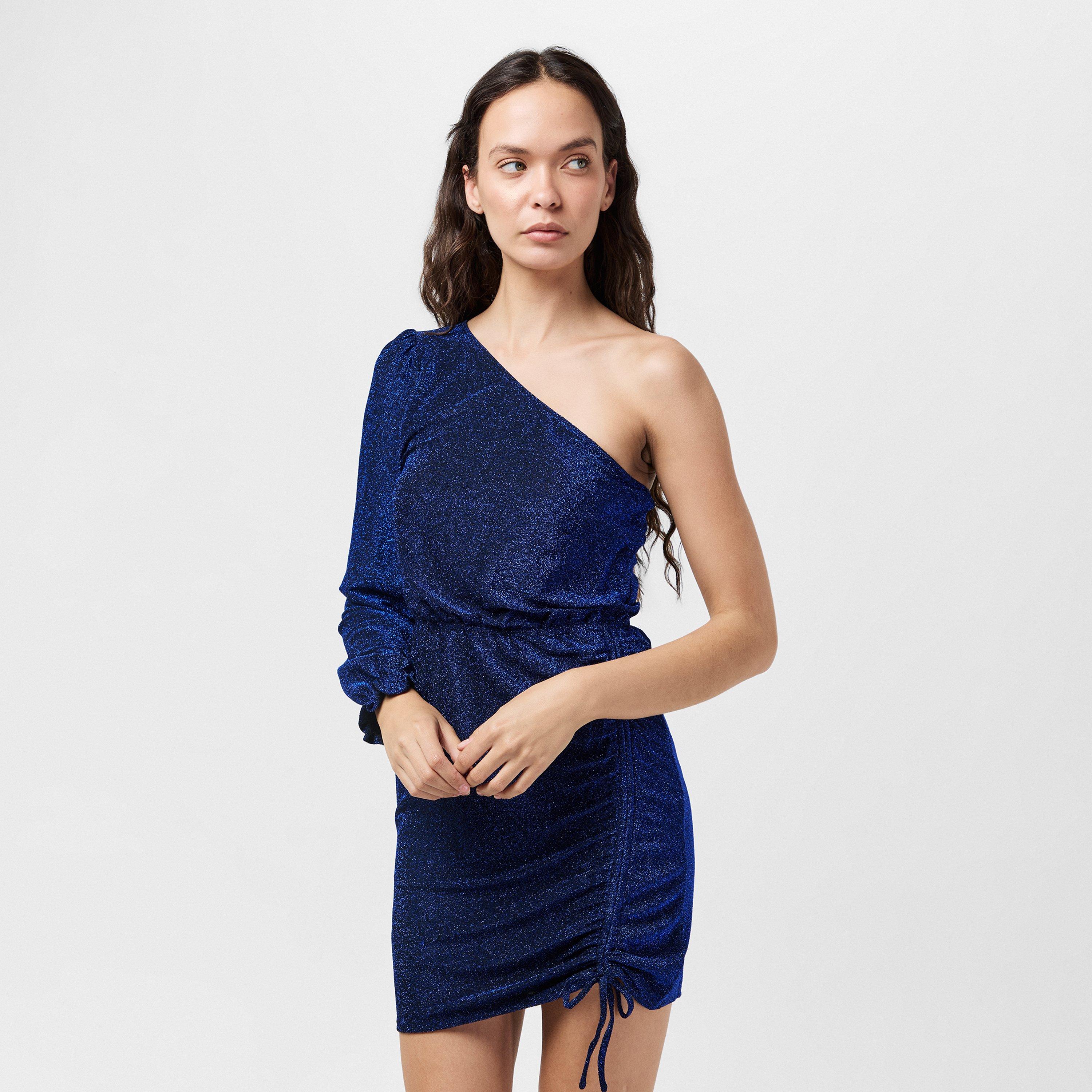 Blue - AX Paris - Blue Sparkly One Sleeve Ruched Side Mini Dress - 2