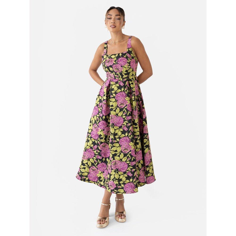 Maya Deluxe Women's Maya Floral Jacquard Strappy Square Neck Midi Dress With Pockets - Black Floral - 14 (L)