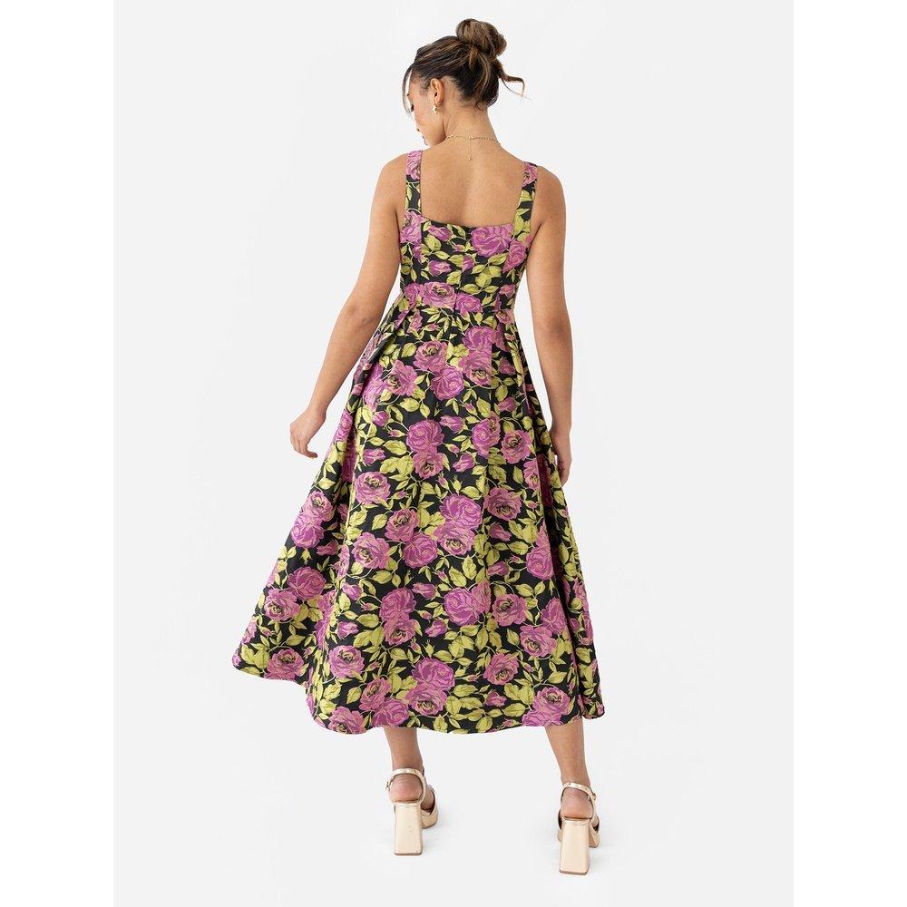 Black Floral - Maya Deluxe - Maya Floral Jacquard Strappy Square Neck Midi Dress with Pockets - 2