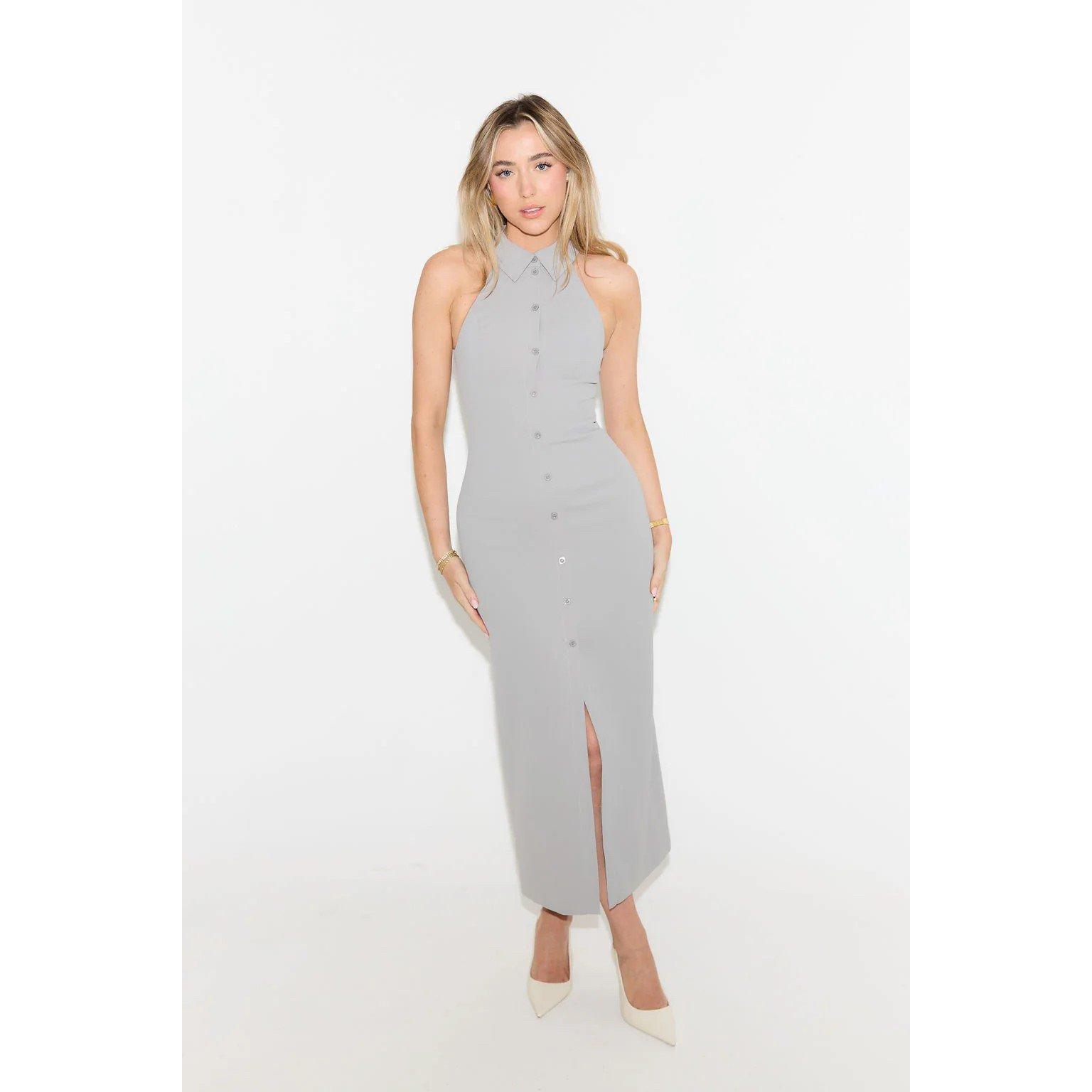 Grey - Odd Muse - Shirt Collar Midi Dress - 2