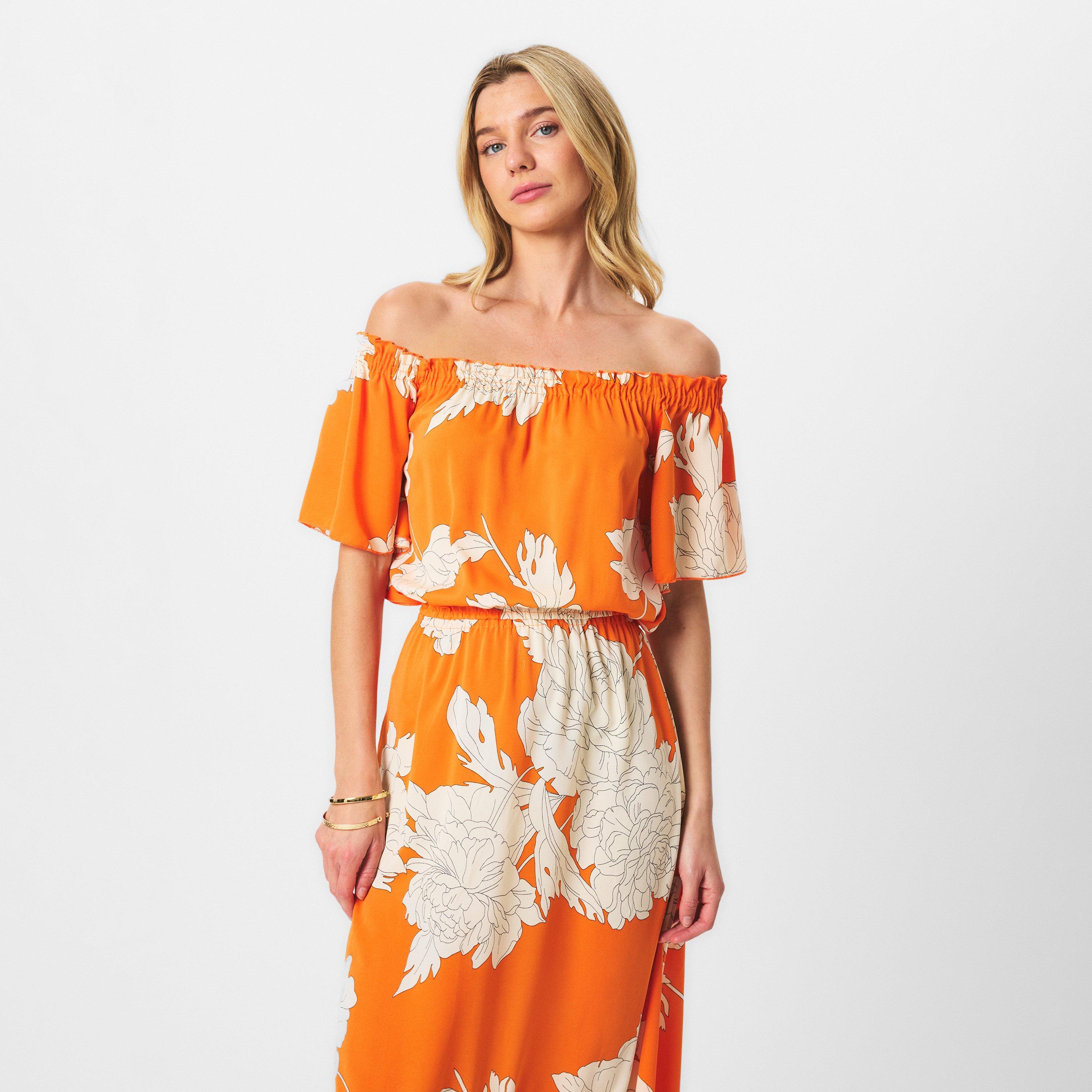 Orange - AX Paris - Blood Orange Printed Bardot Style Midi Dress - 3