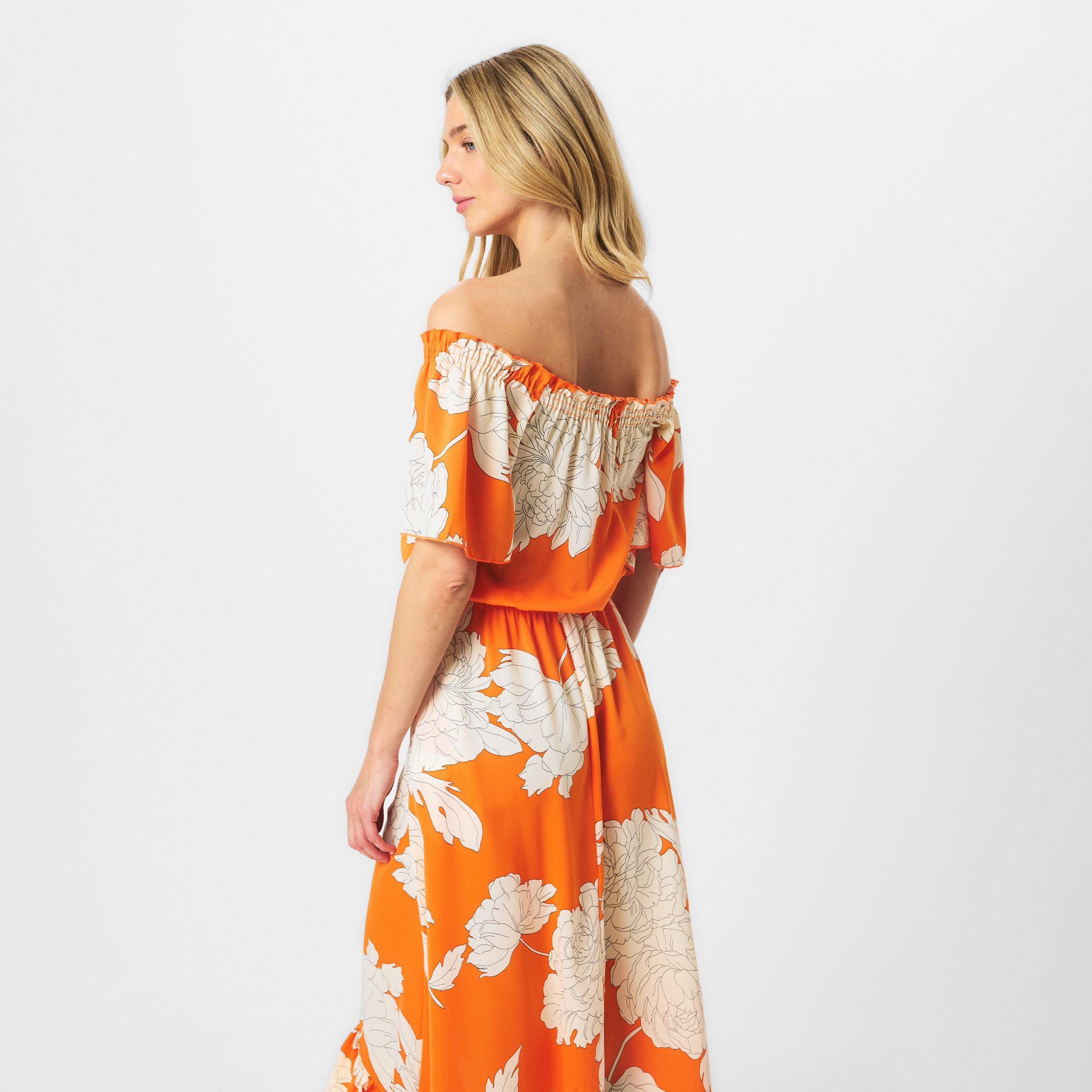 Orange - AX Paris - Blood Orange Printed Bardot Style Midi Dress - 4
