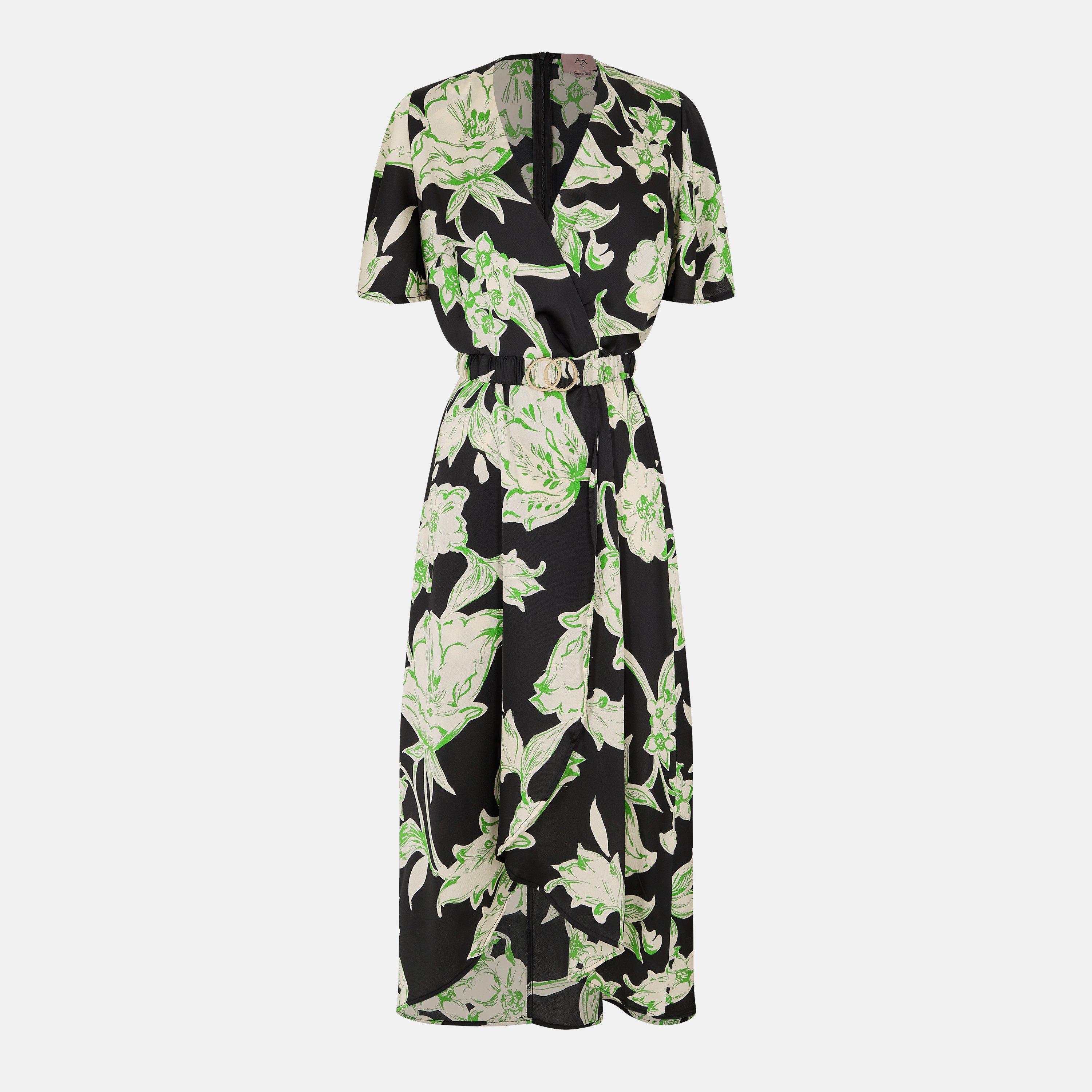 Multi - AX Paris - Multi Floral Printed Short Sleeve Belted Wrap Midi Dress - 1