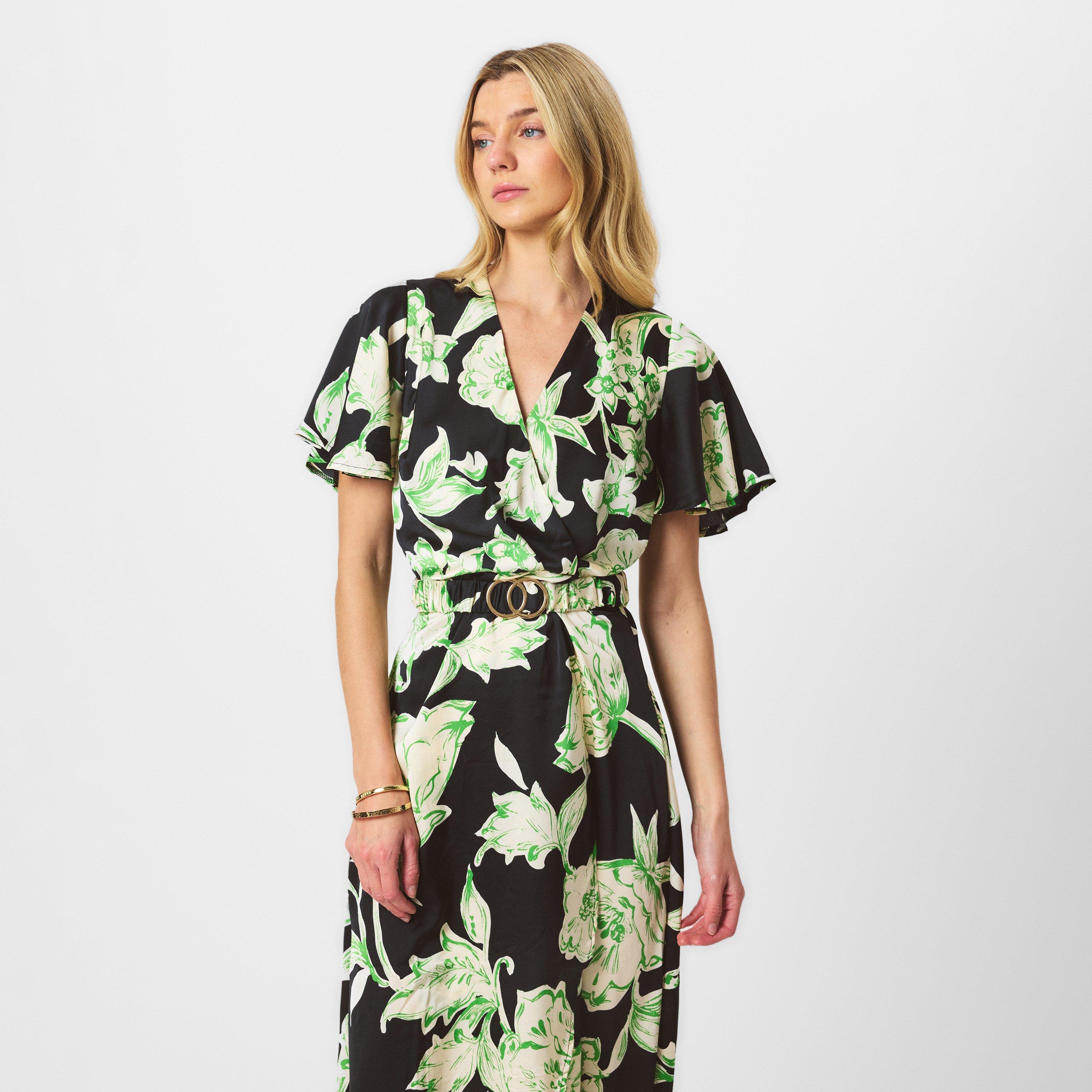 Multi - AX Paris - Multi Floral Printed Short Sleeve Belted Wrap Midi Dress - 3