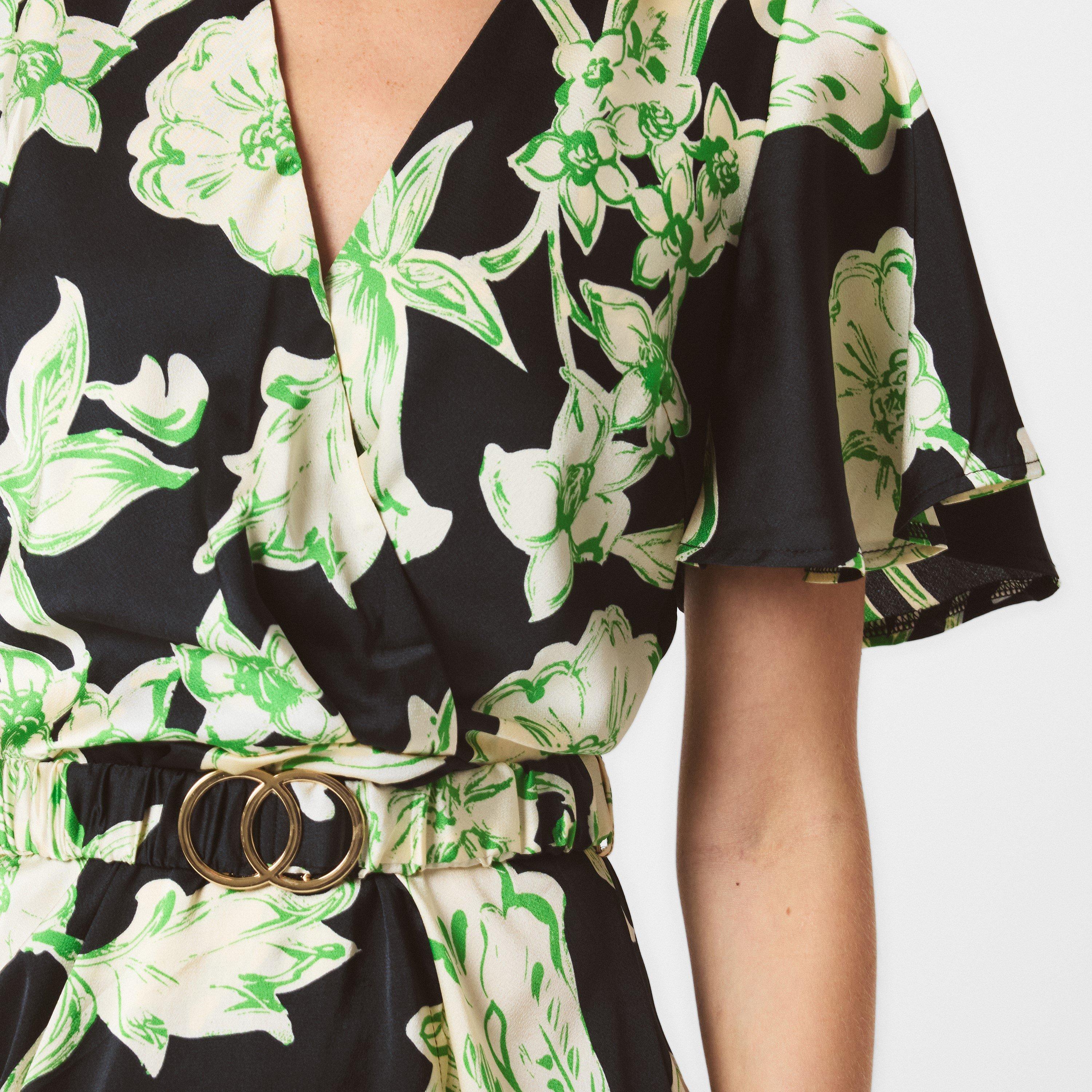 Multi - AX Paris - Multi Floral Printed Short Sleeve Belted Wrap Midi Dress - 5