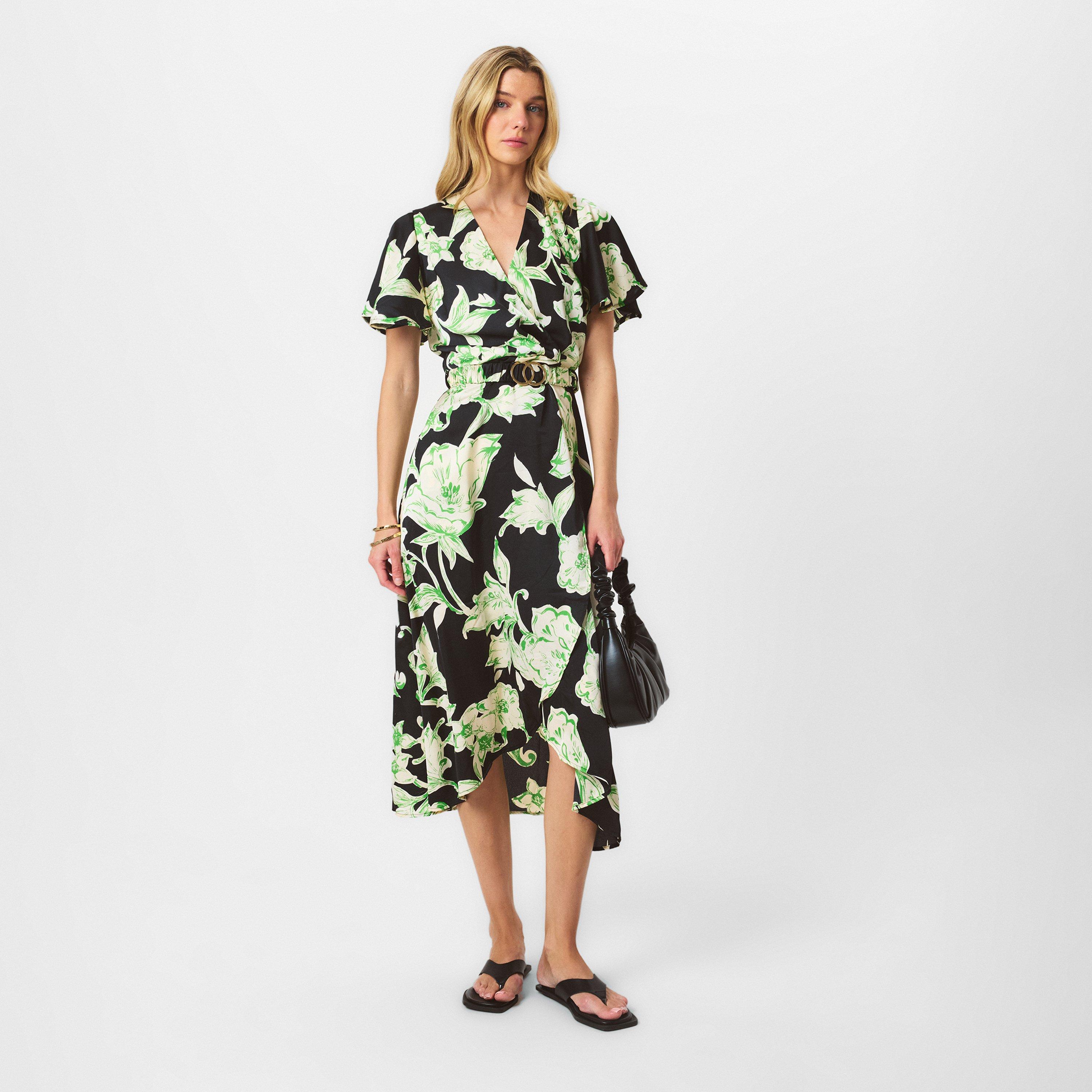 Multi - AX Paris - Multi Floral Printed Short Sleeve Belted Wrap Midi Dress - 6