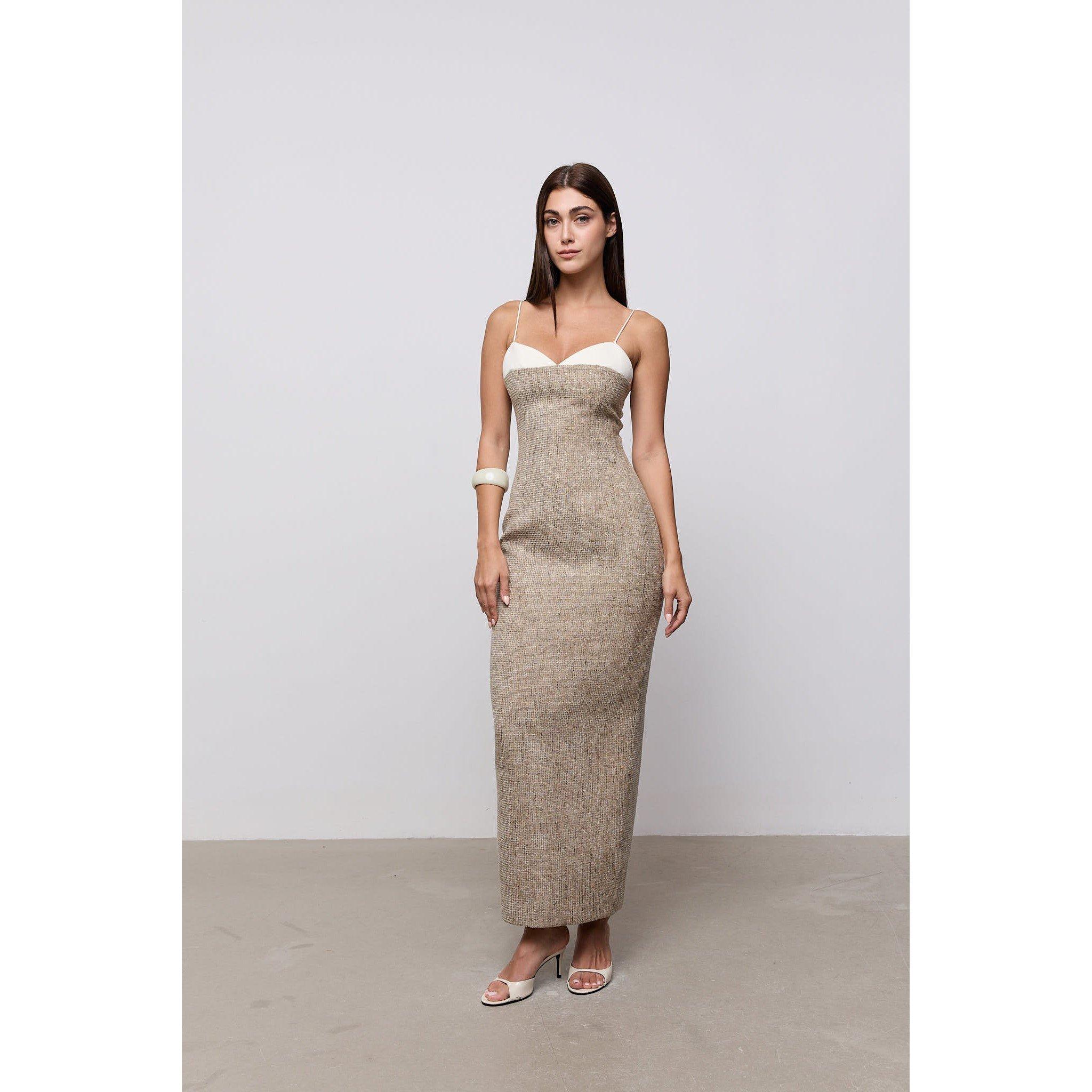Beige Twd - Odd Muse - Odd Muse Tweed Contrast Detail Midi Dress - 3