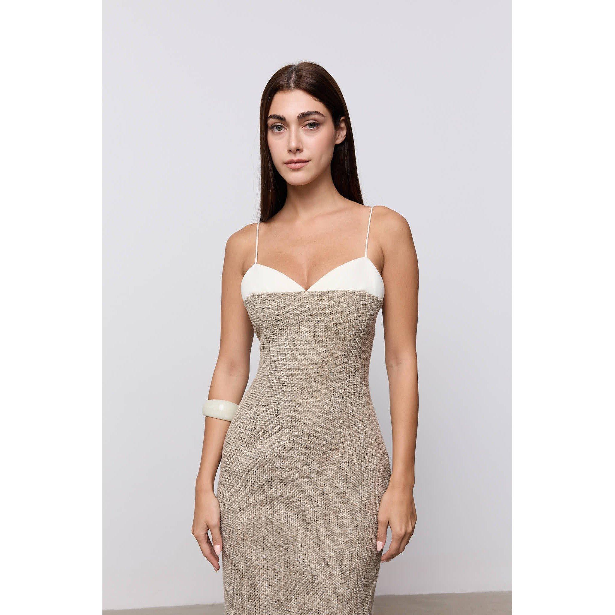 Beige Twd - Odd Muse - Odd Muse Tweed Contrast Detail Midi Dress - 4