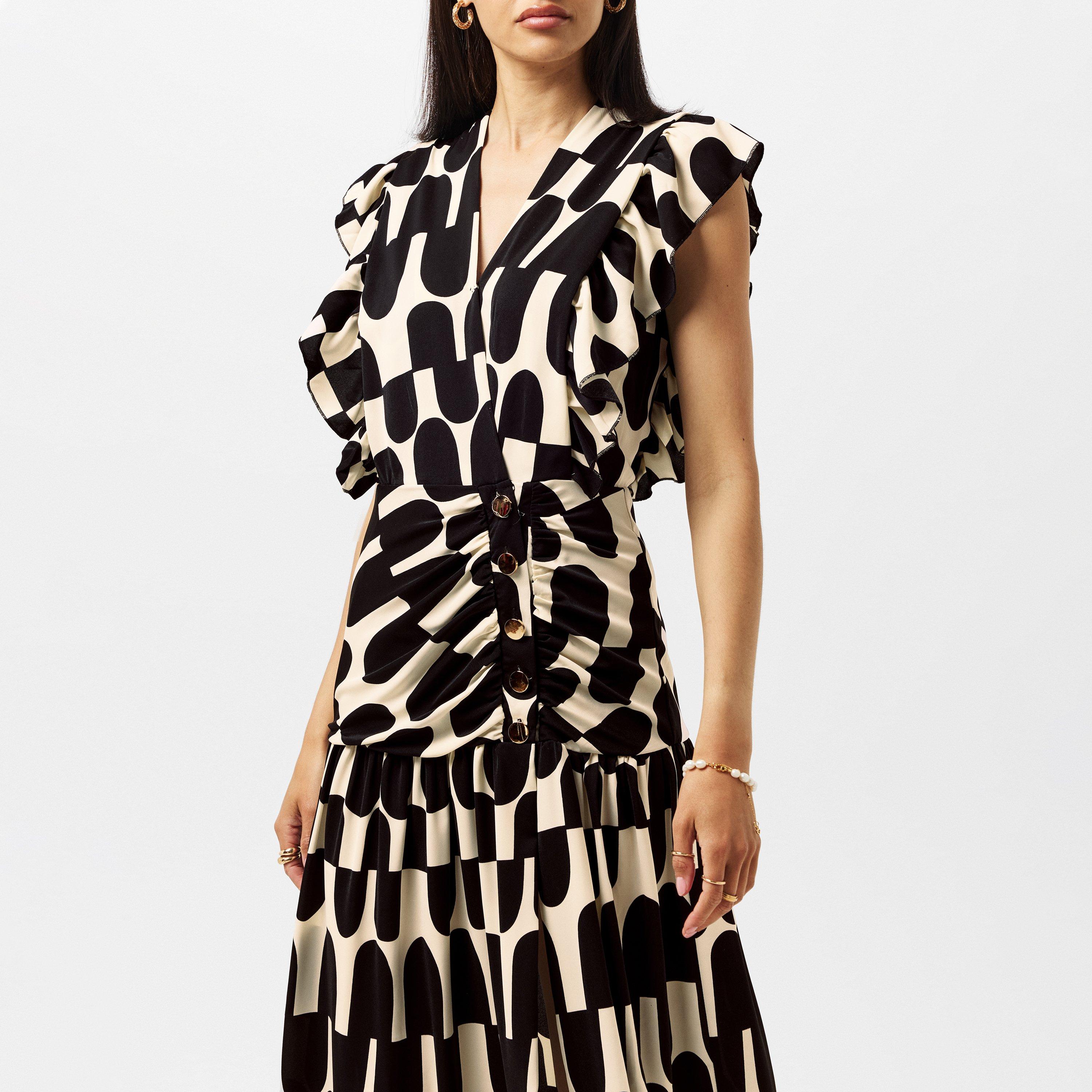 Black - AX Paris - Black and Cream Abstract Print Button Front Midi Dress - 2