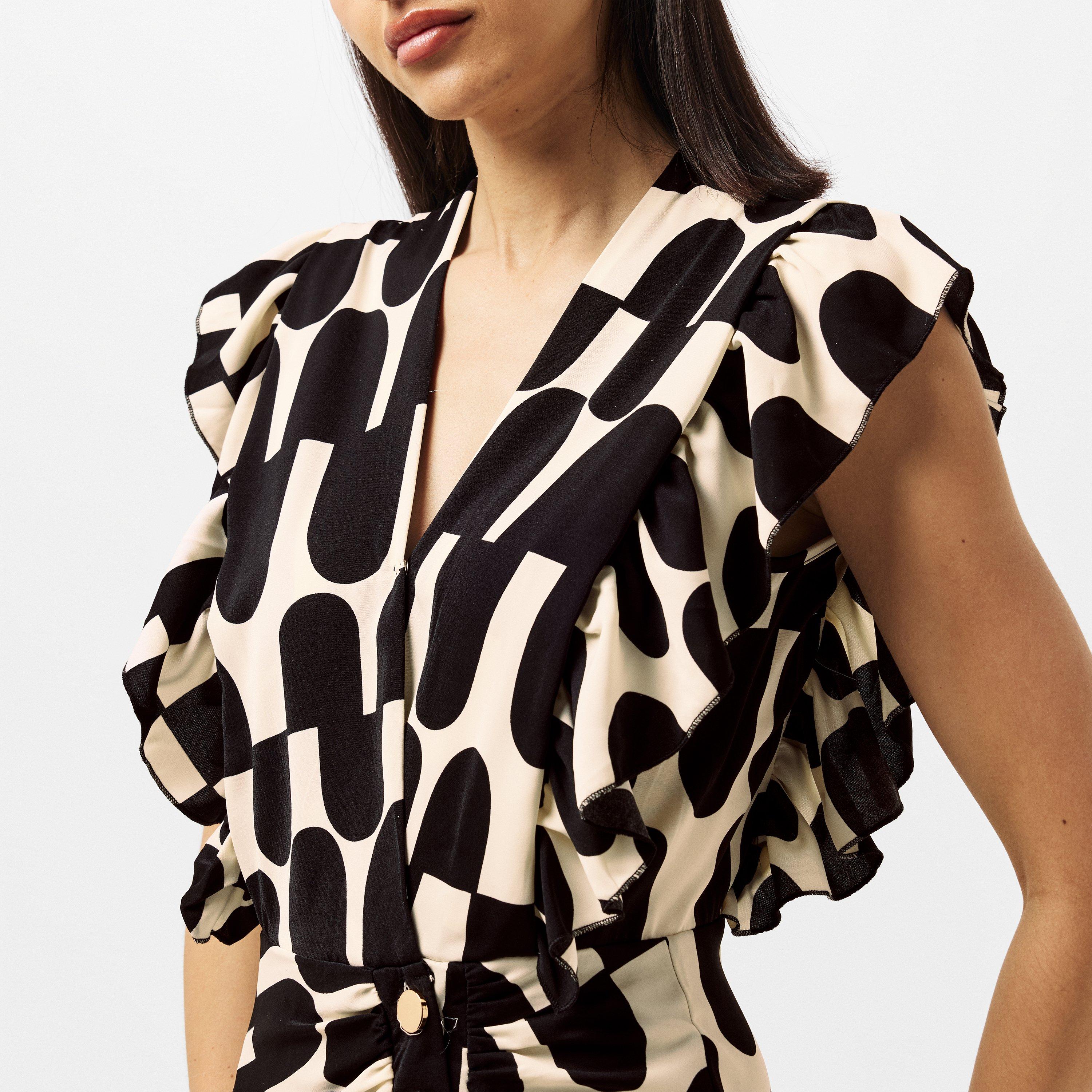 Black - AX Paris - Black and Cream Abstract Print Button Front Midi Dress - 4