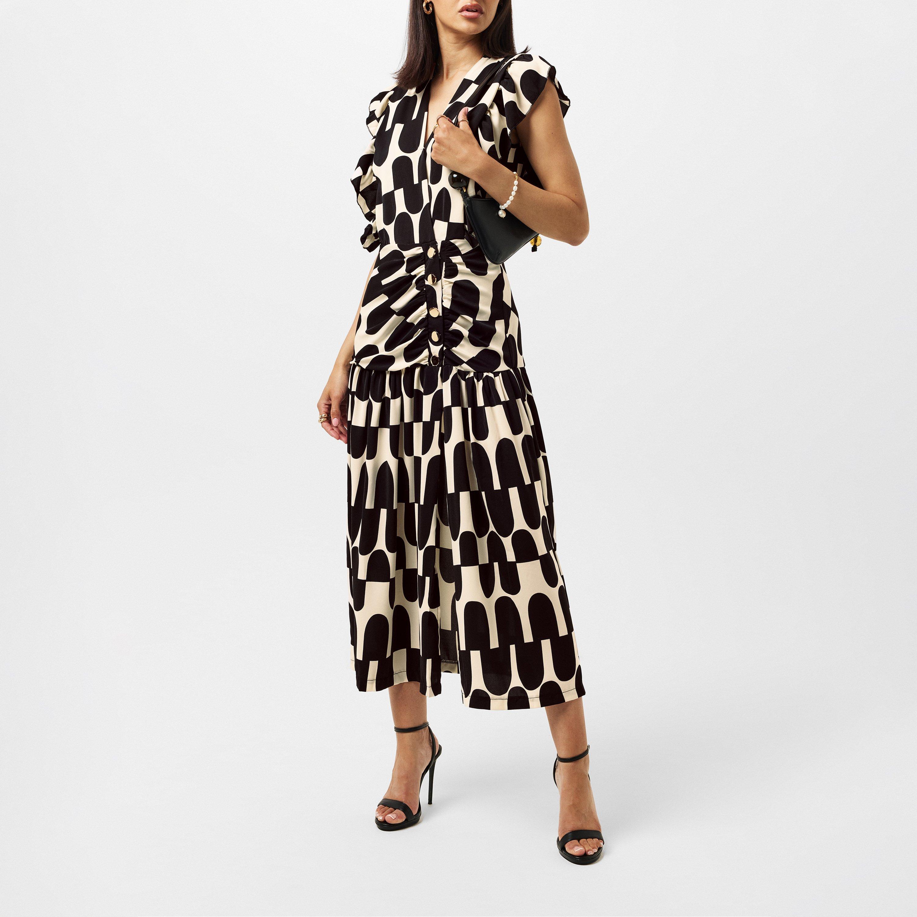 Black - AX Paris - Black and Cream Abstract Print Button Front Midi Dress - 5