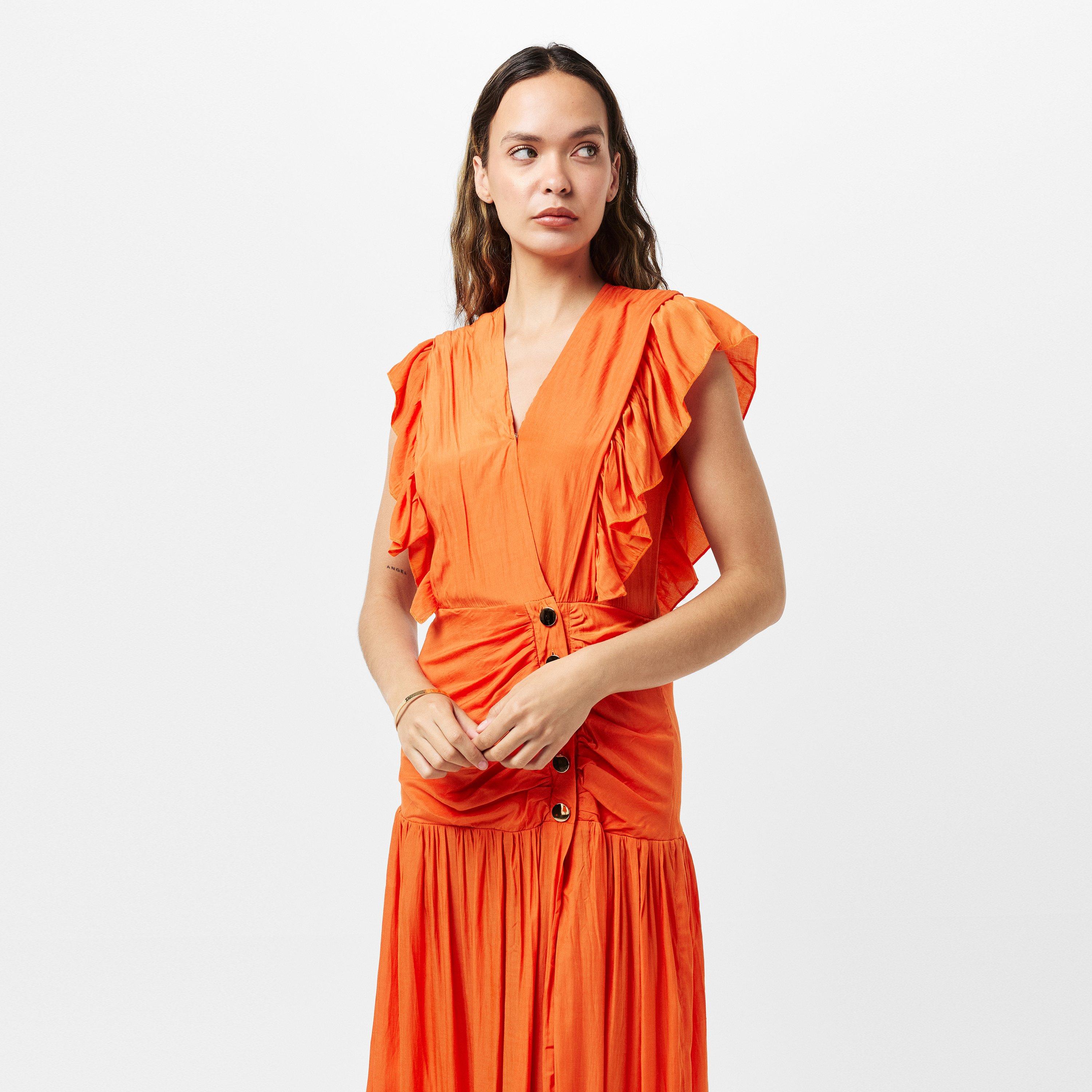 Orange - AX Paris - Orange Frill Shoulder Button Front Midi Dress - 3