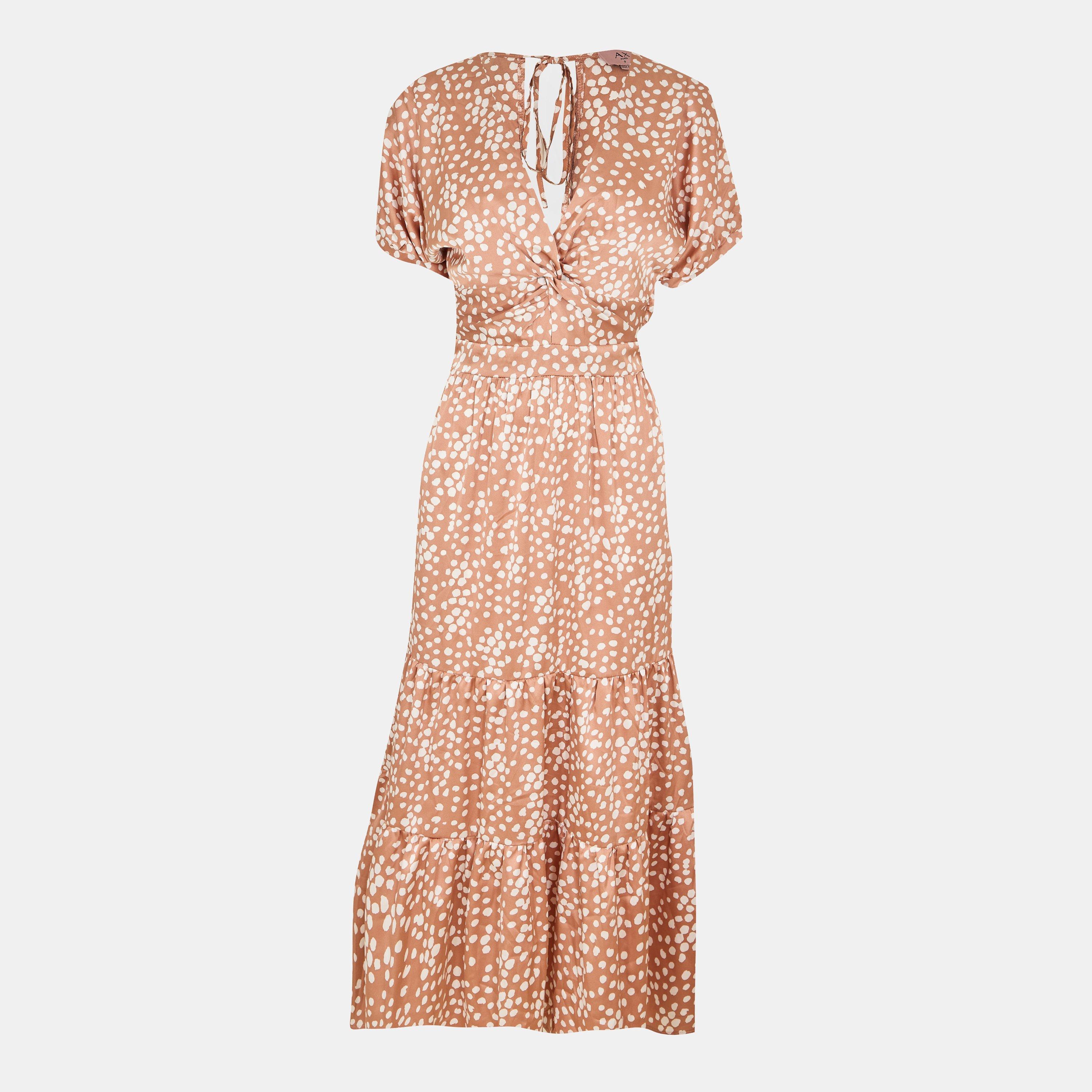 Brown - AX Paris - Mocha Print Twist Front Midi Dress - 1