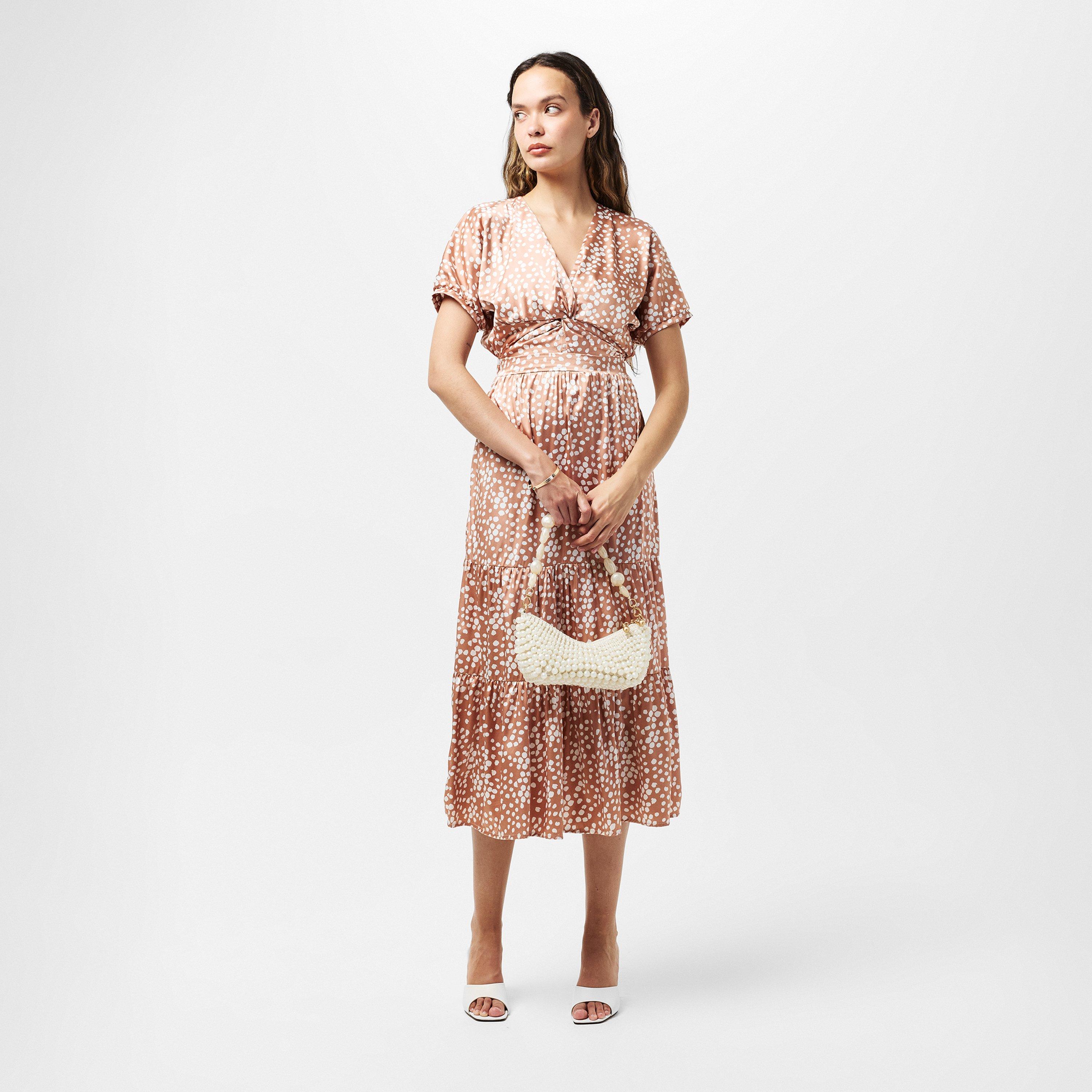 Brown - AX Paris - Mocha Print Twist Front Midi Dress - 6