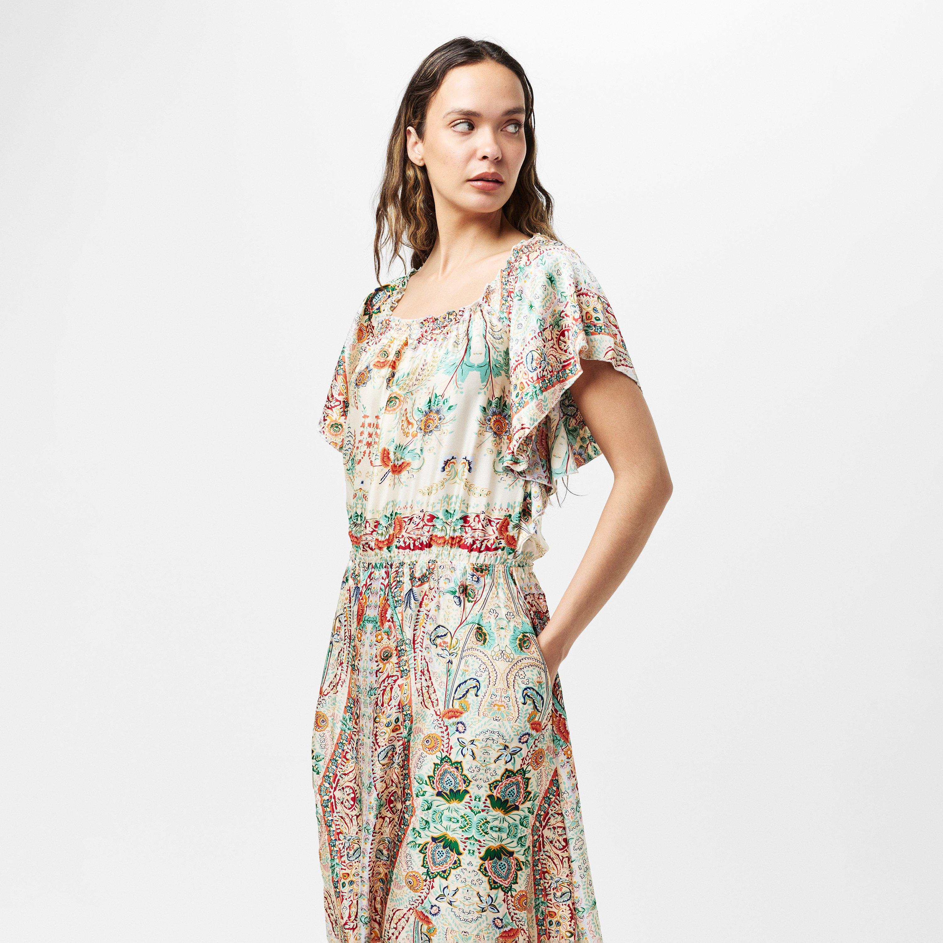Multi - AX Paris - Multi Paisley Printed Bardot Frill Hem Midi Dress - 3