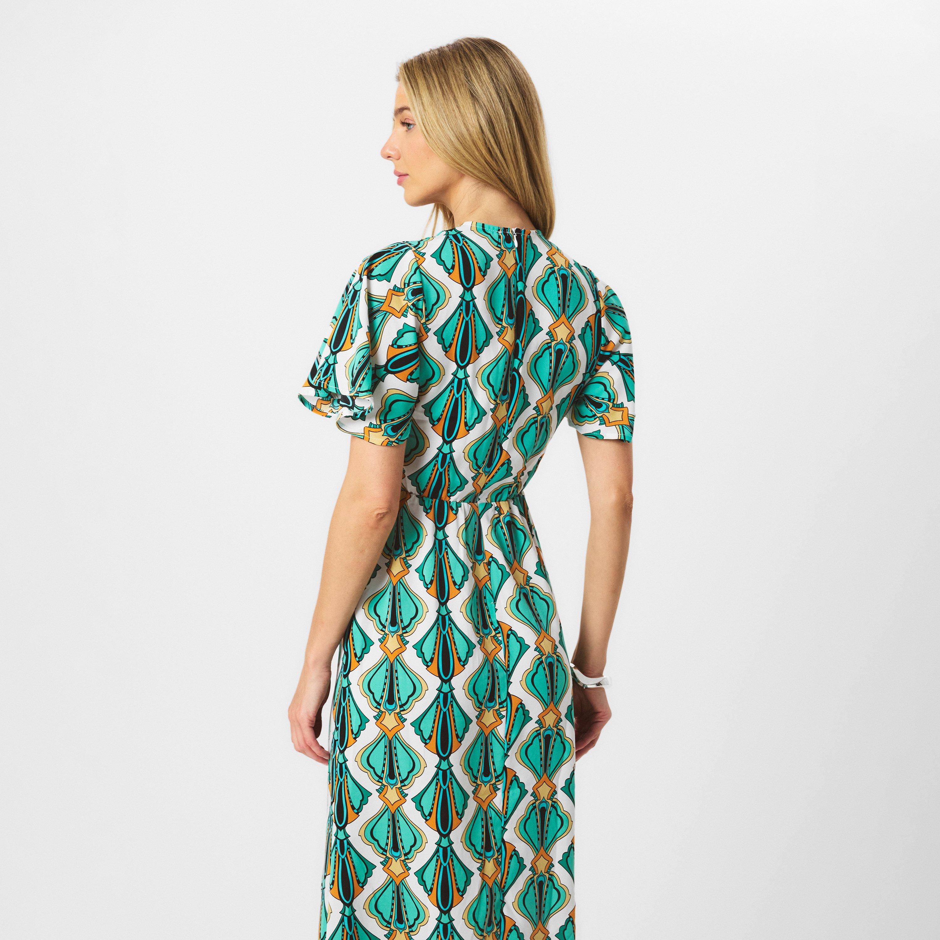 Multi - AX Paris - Multi Print V Neck Tie Detail Short Sleeve Midi Dress - 4