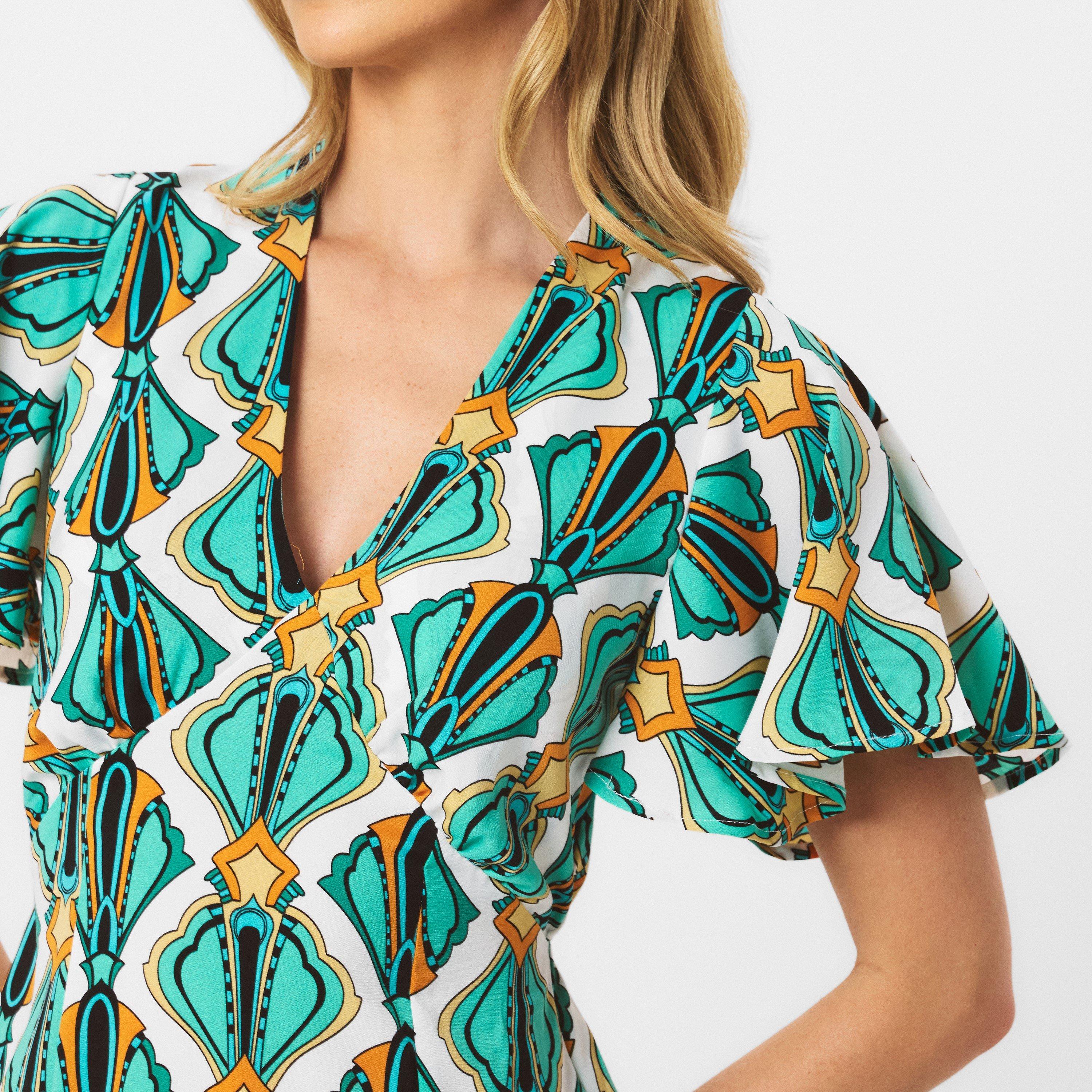 Multi - AX Paris - Multi Print V Neck Tie Detail Short Sleeve Midi Dress - 5