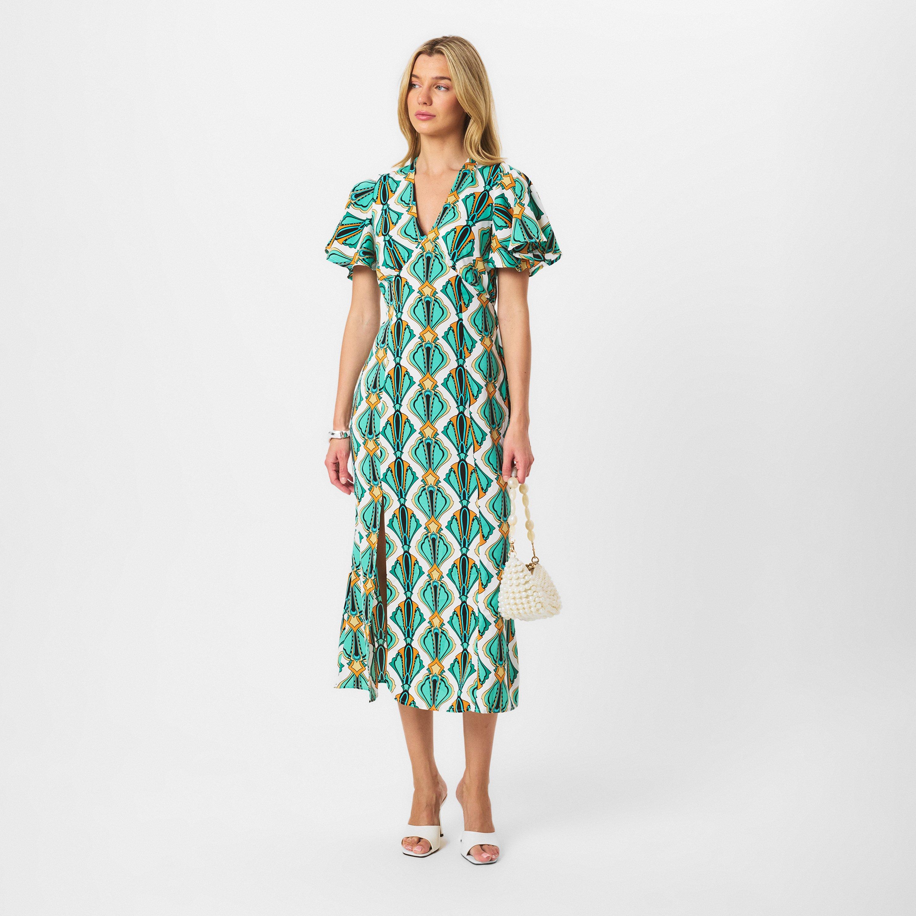 Multi - AX Paris - Multi Print V Neck Tie Detail Short Sleeve Midi Dress - 6