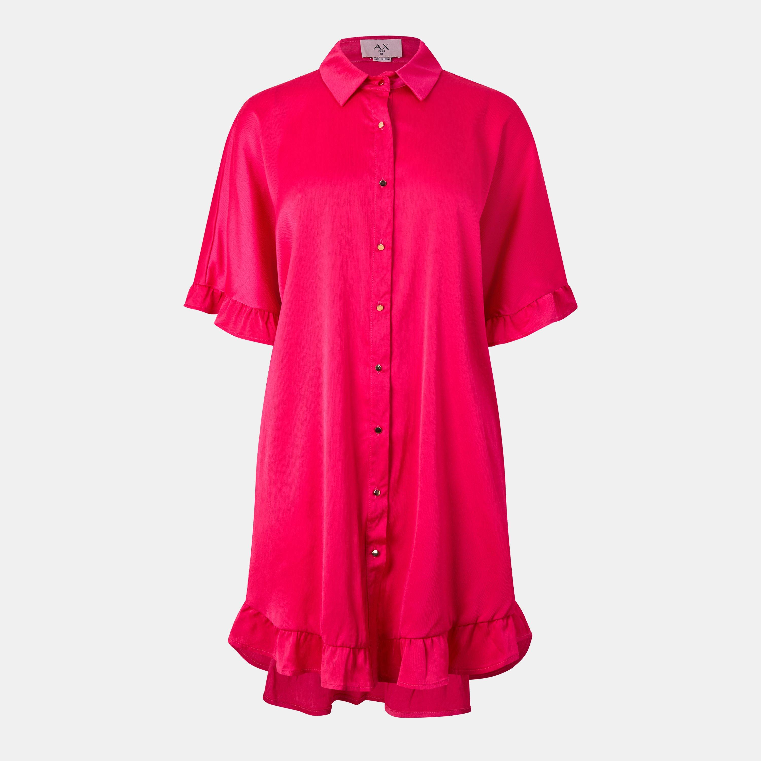 Pink - AX Paris - Frill Detail Gold Button Front Shirt Dress - 1